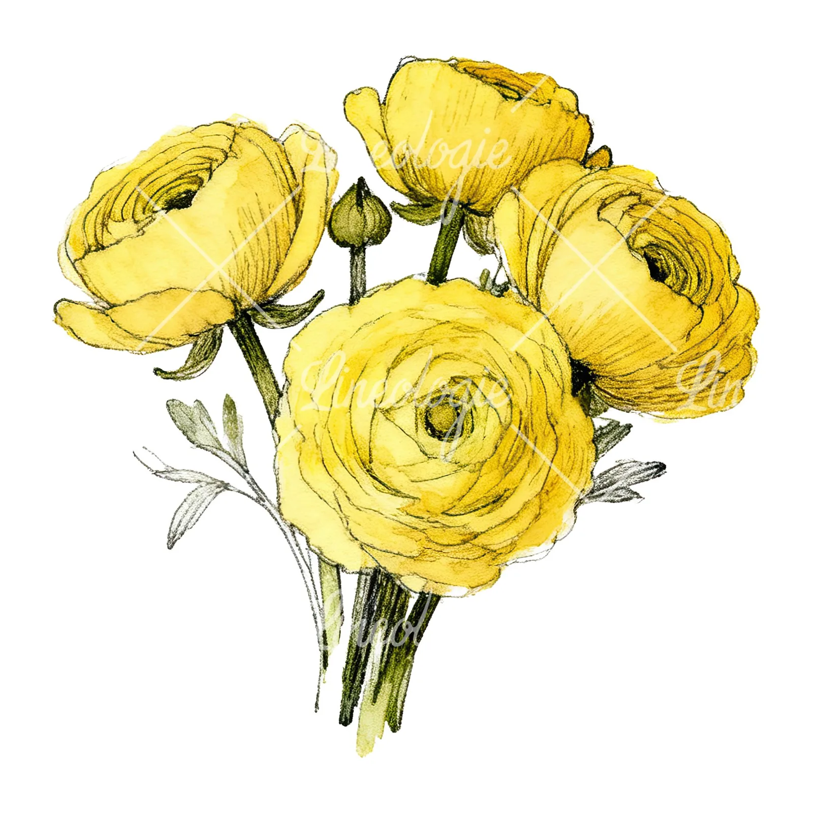 Watercolor compact yellow ranunculus bouquet clipart 6 of 12 on a white background (JPG)