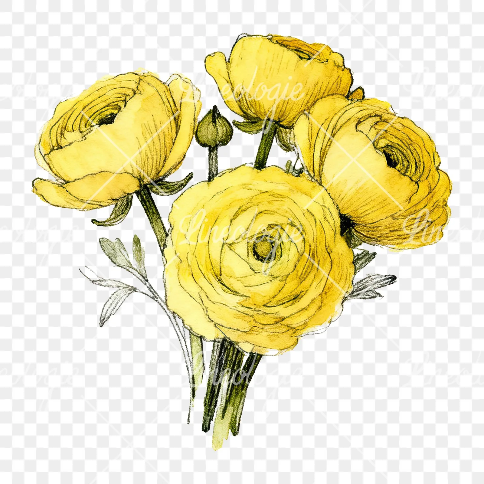 Watercolor compact yellow ranunculus bouquet clipart 6 of 12 on a transparent background (PNG)