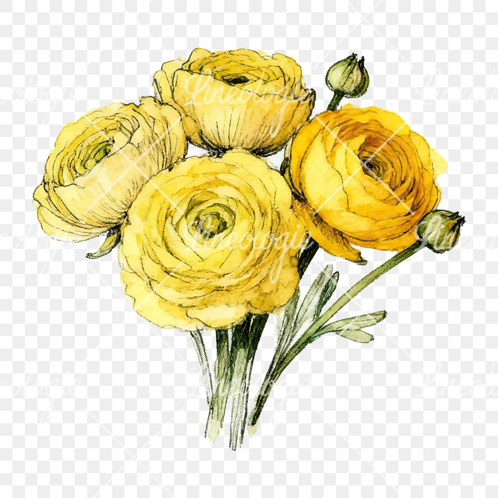 Watercolor compact yellow ranunculus bouquet clipart 7 of 12 on a transparent background (PNG)