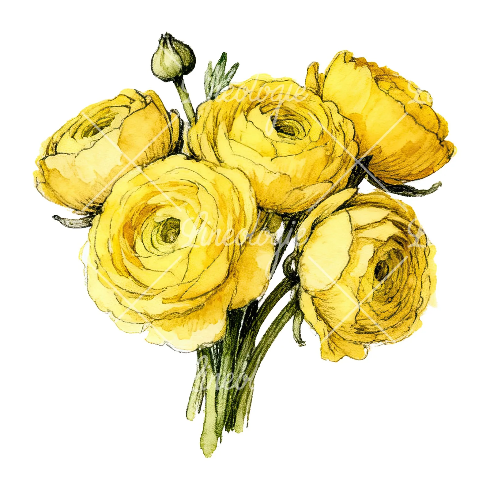 Watercolor compact yellow ranunculus bouquet clipart 8 of 12 on a white background (JPG)
