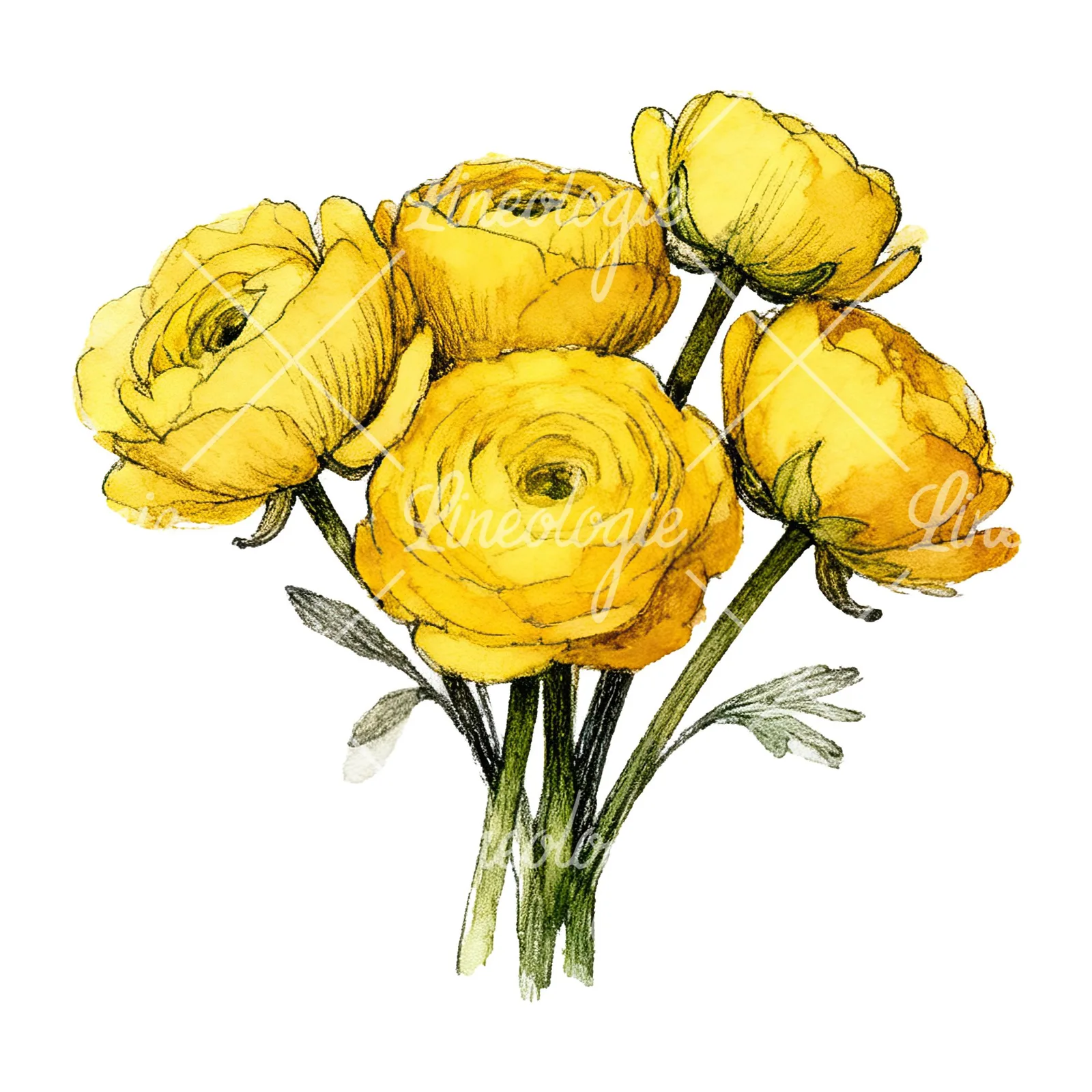 Watercolor compact yellow ranunculus bouquet clipart 9 of 12 on a white background (JPG)