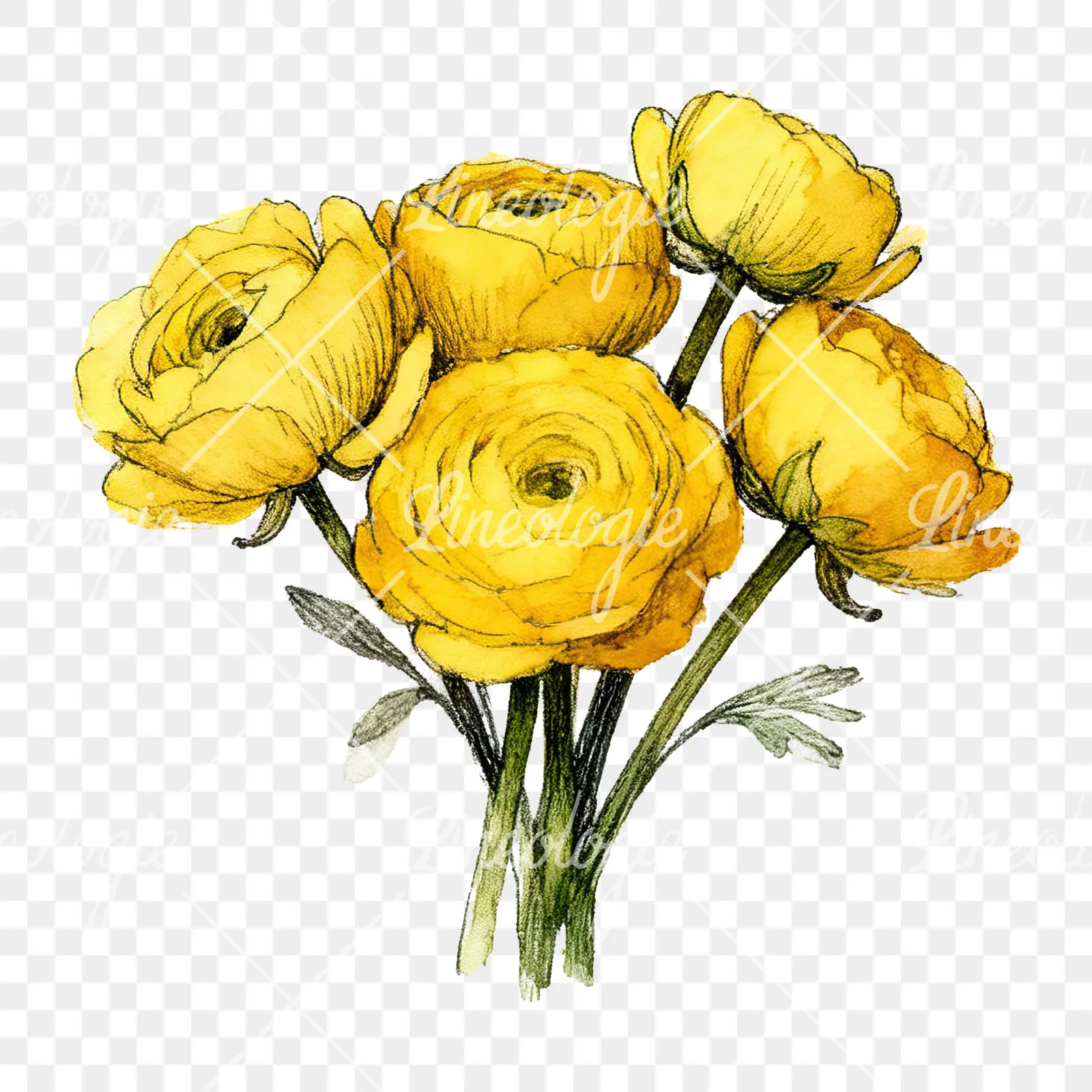 Watercolor compact yellow ranunculus bouquet clipart 9 of 12 on a transparent background (PNG)