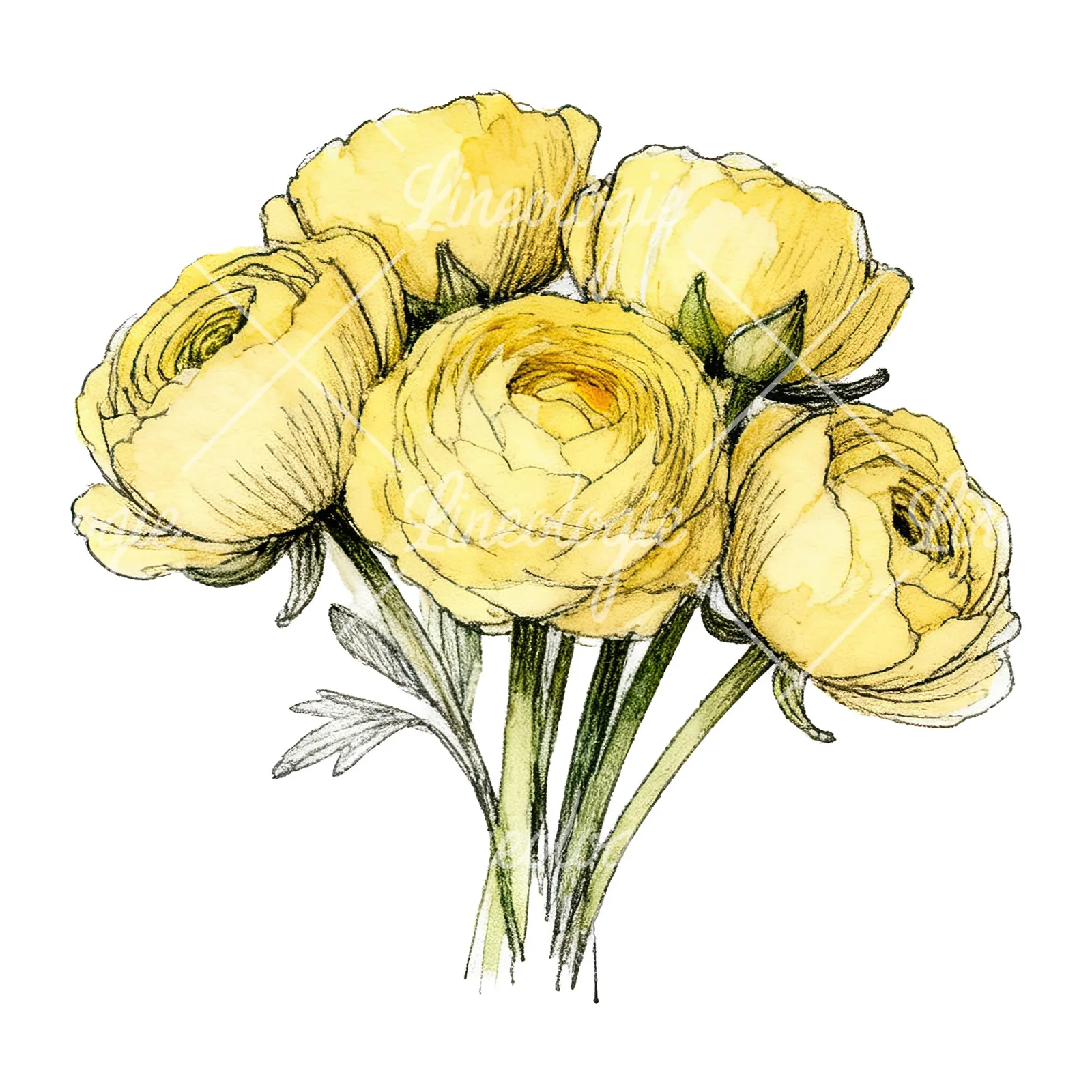 Watercolor compact yellow ranunculus bouquet clipart 12 of 12 on a white background (JPG)