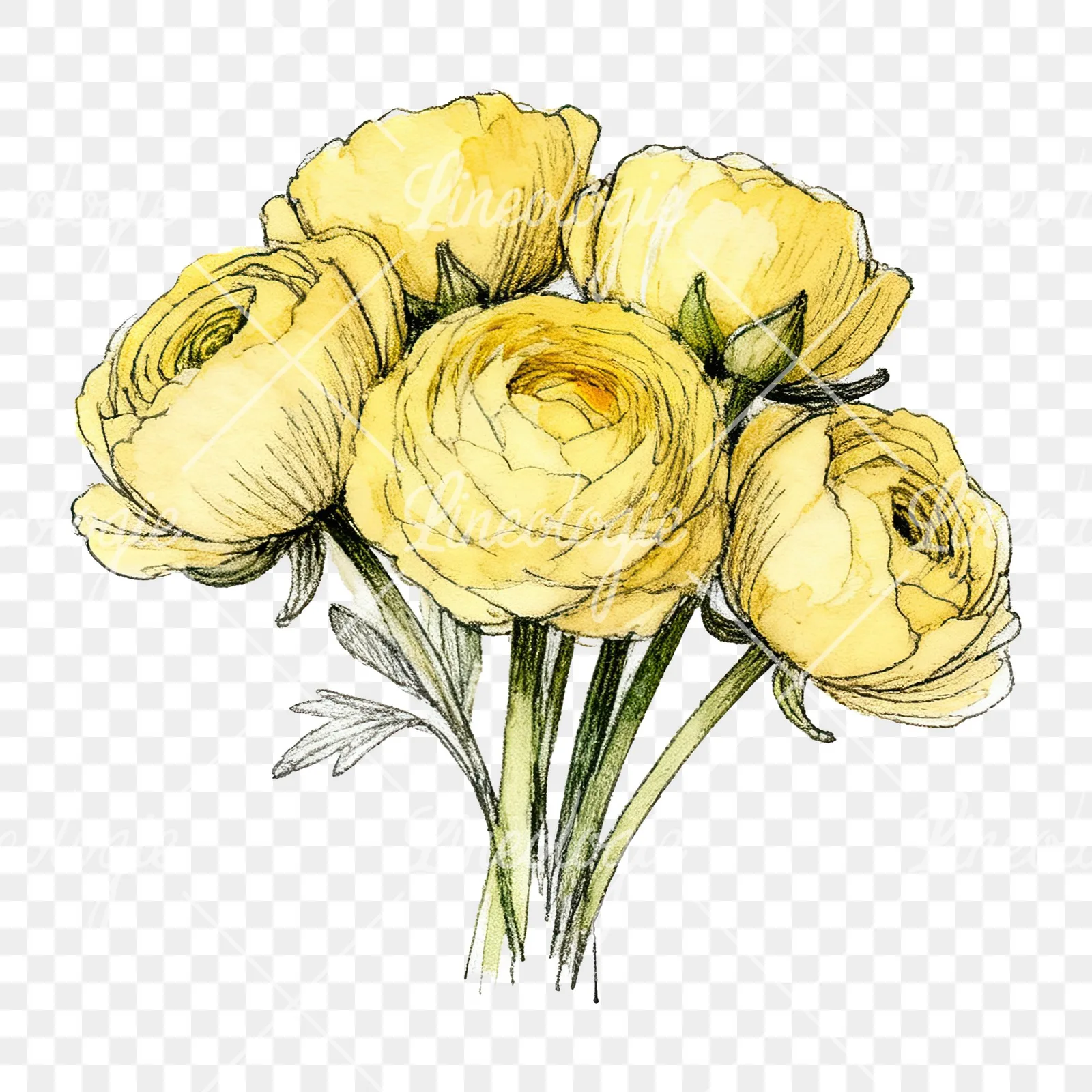 Watercolor compact yellow ranunculus bouquet clipart 12 of 12 on a transparent background (PNG)