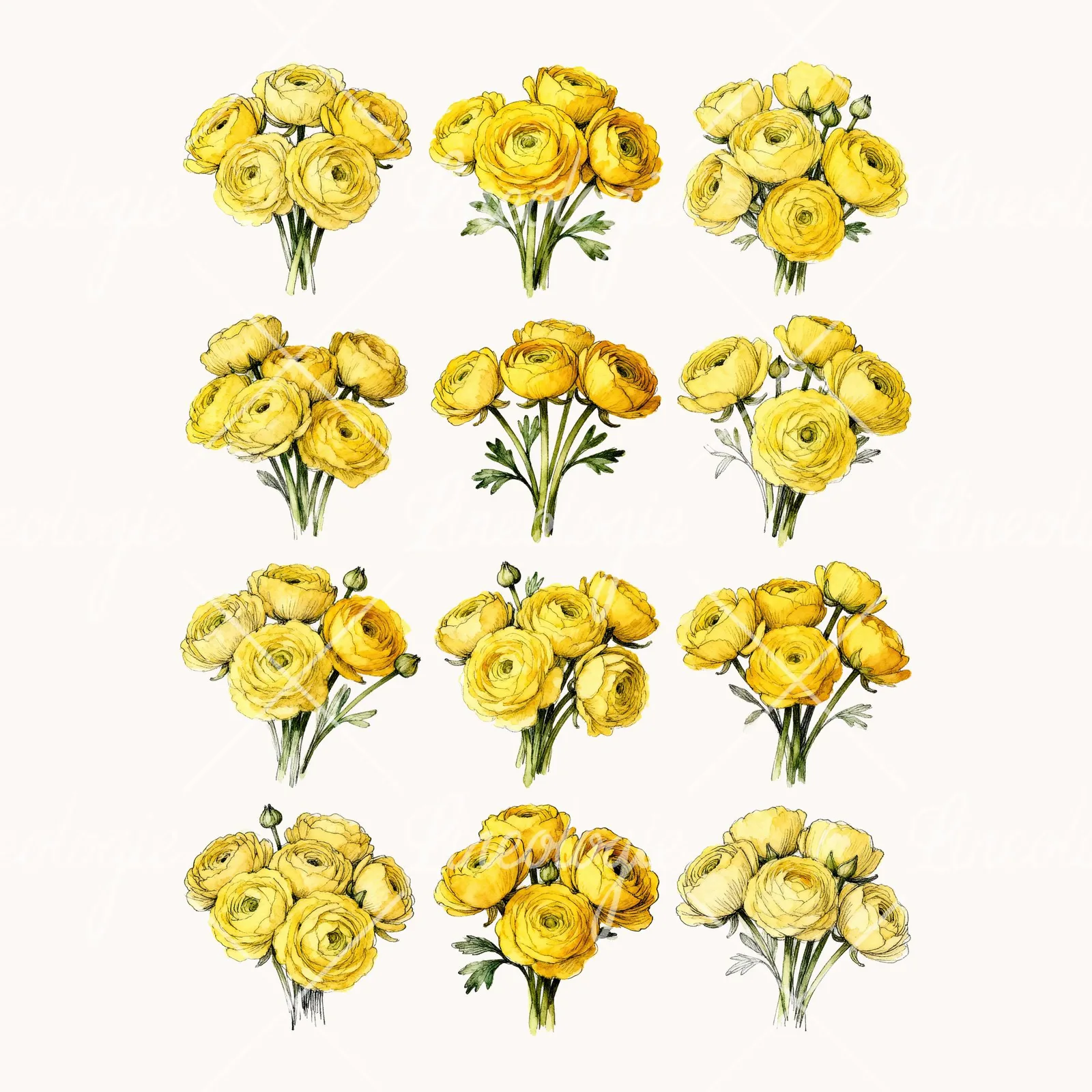 Watercolor Compact Yellow Ranunculus Bouquet Clipart, all 12 illustrations in the pack