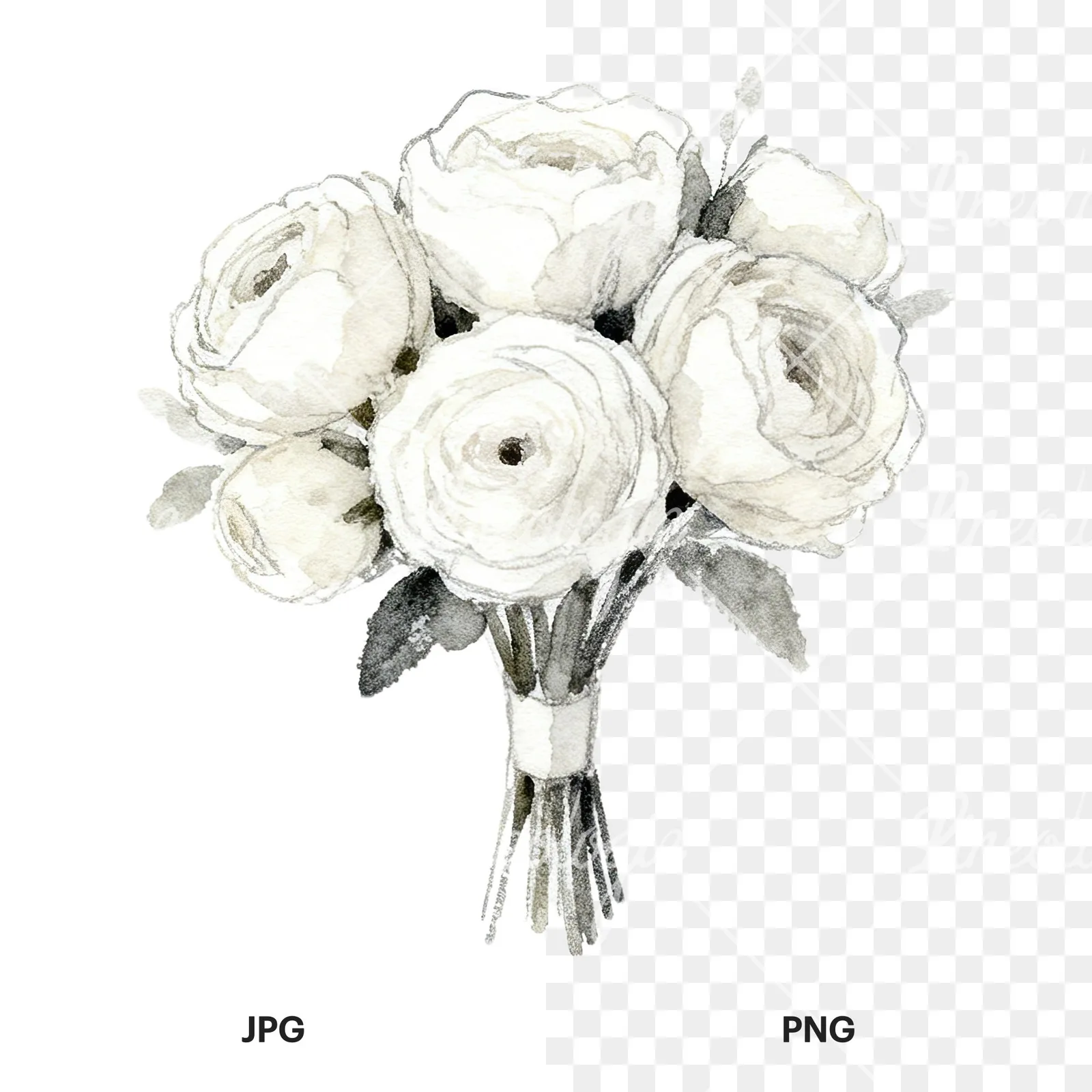 Watercolor white and pink wedding bouquet clipart 1 of 12, as a JPG on white and a transparent PNG