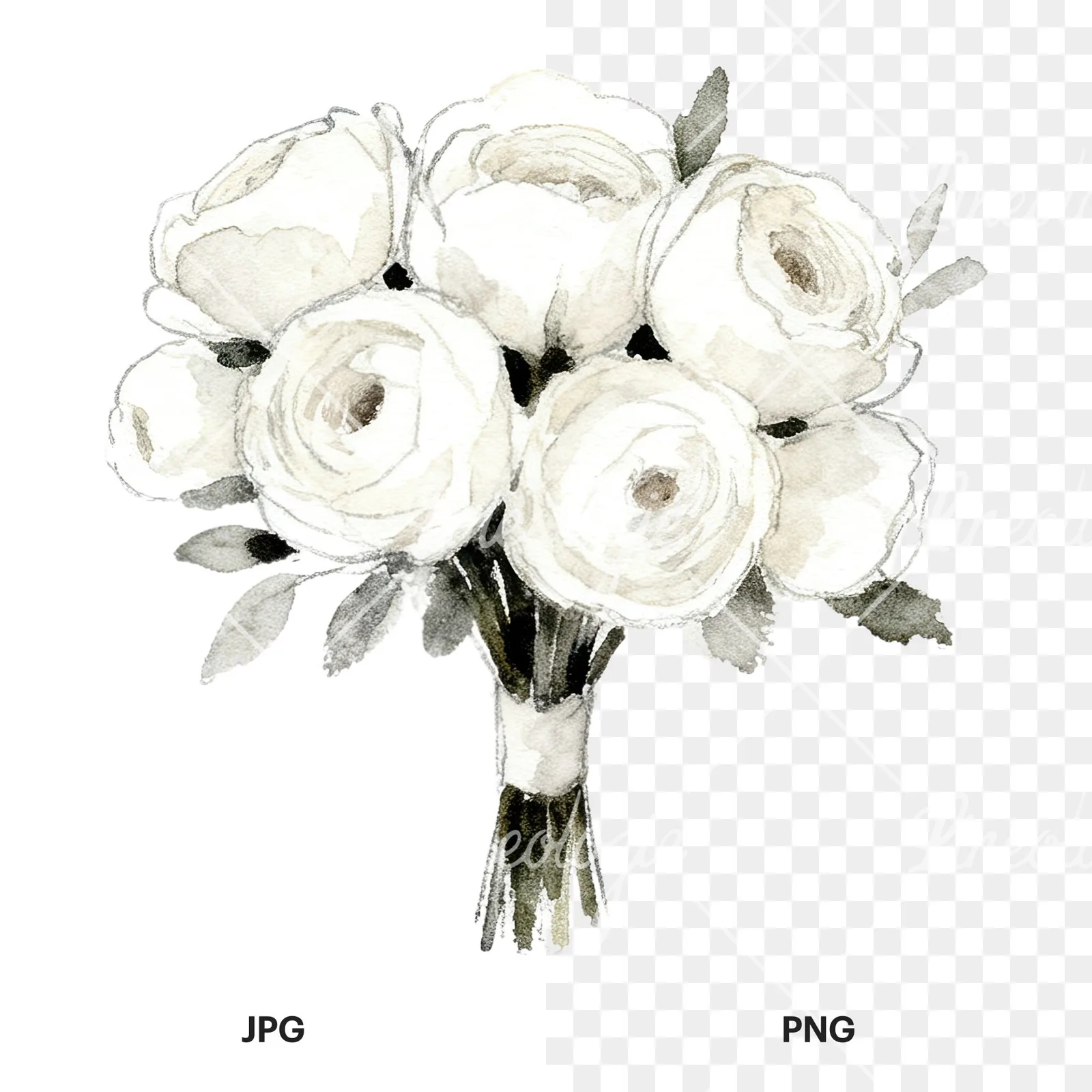 Watercolor white and pink wedding bouquet clipart 2 of 12, as a JPG on white and a transparent PNG