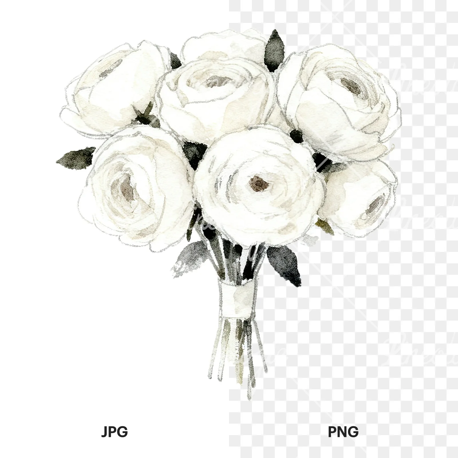 Watercolor white and pink wedding bouquet clipart 3 of 12, as a JPG on white and a transparent PNG