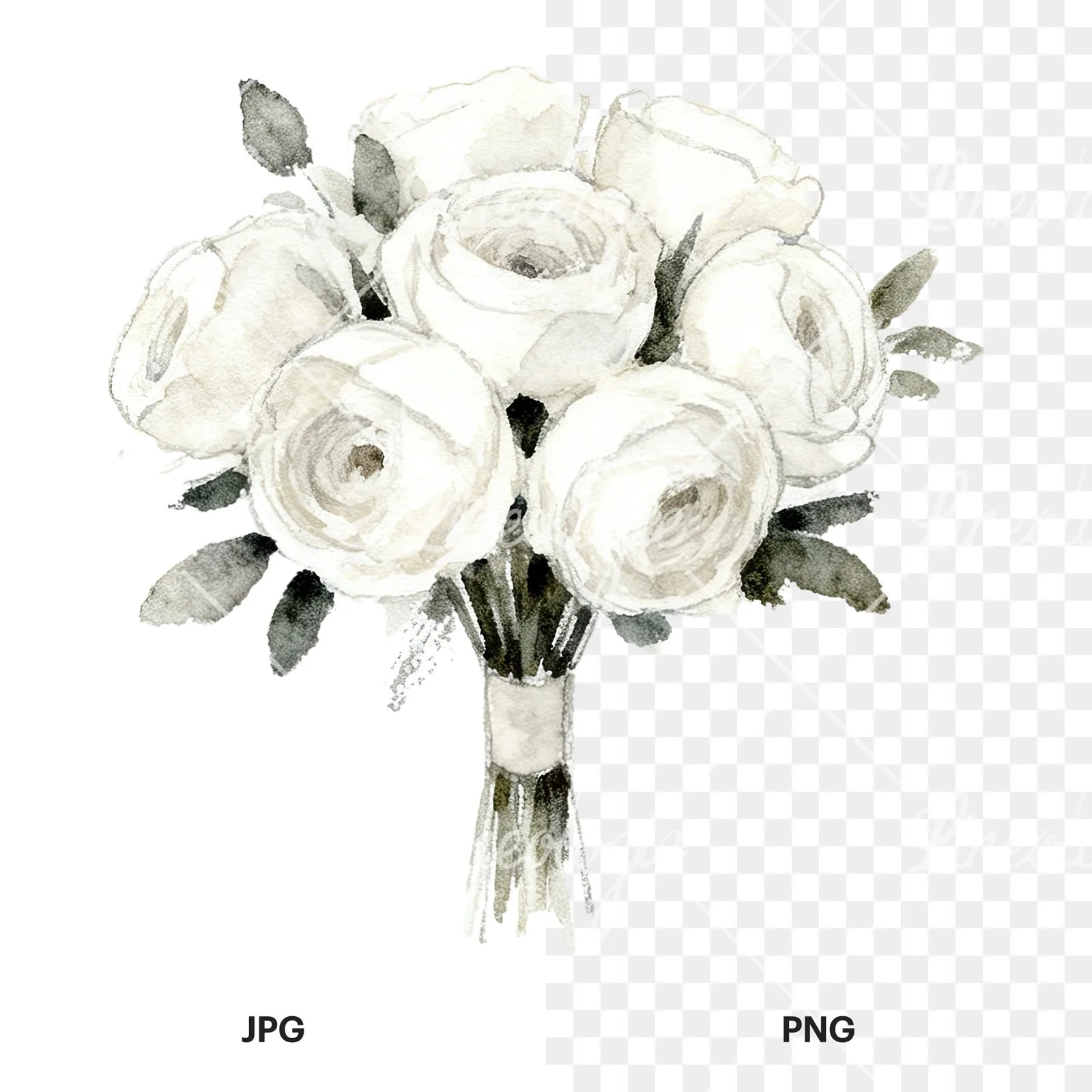 Watercolor white and pink wedding bouquet clipart 4 of 12, as a JPG on white and a transparent PNG