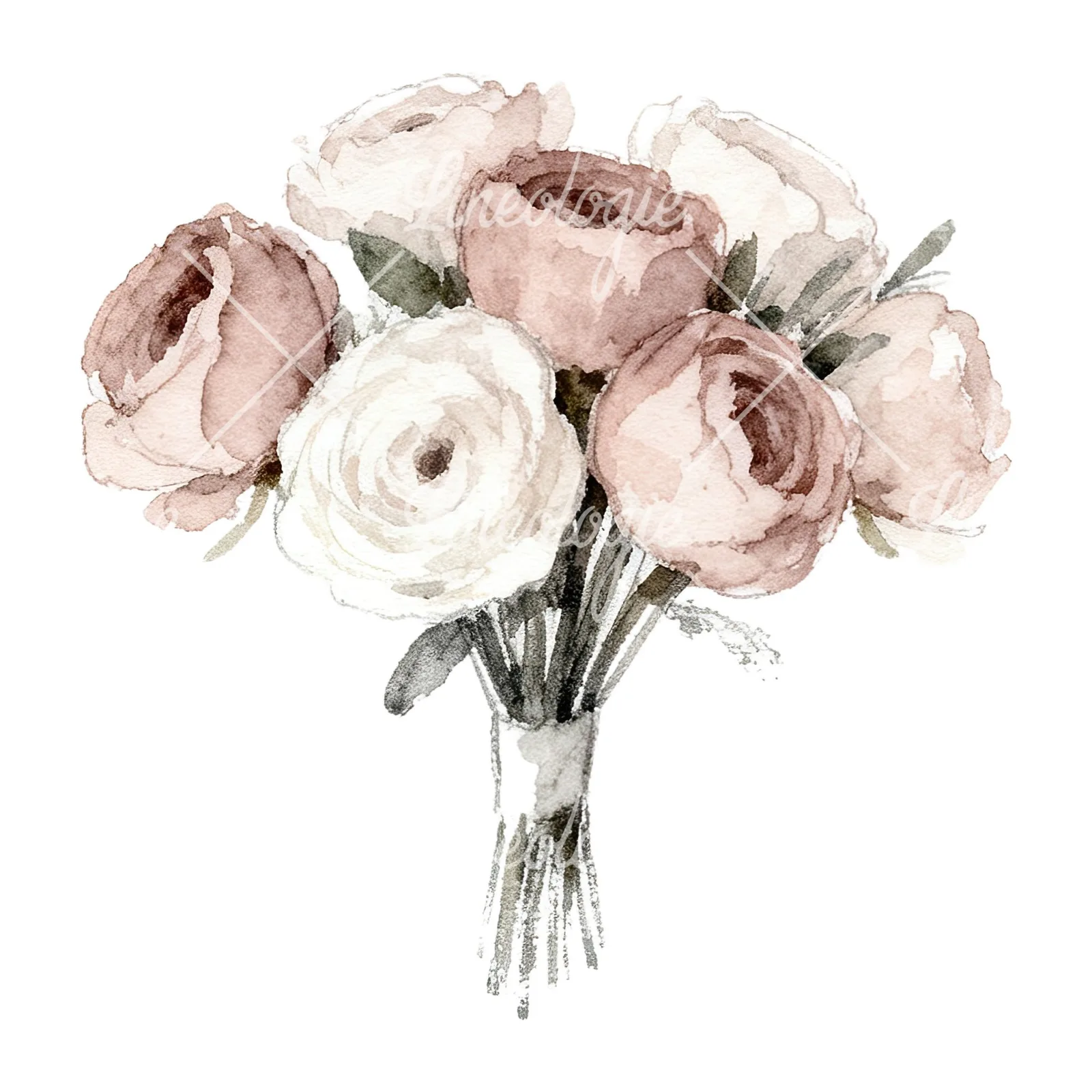 Watercolor white and pink wedding bouquet clipart 5 of 12 on a white background (JPG)