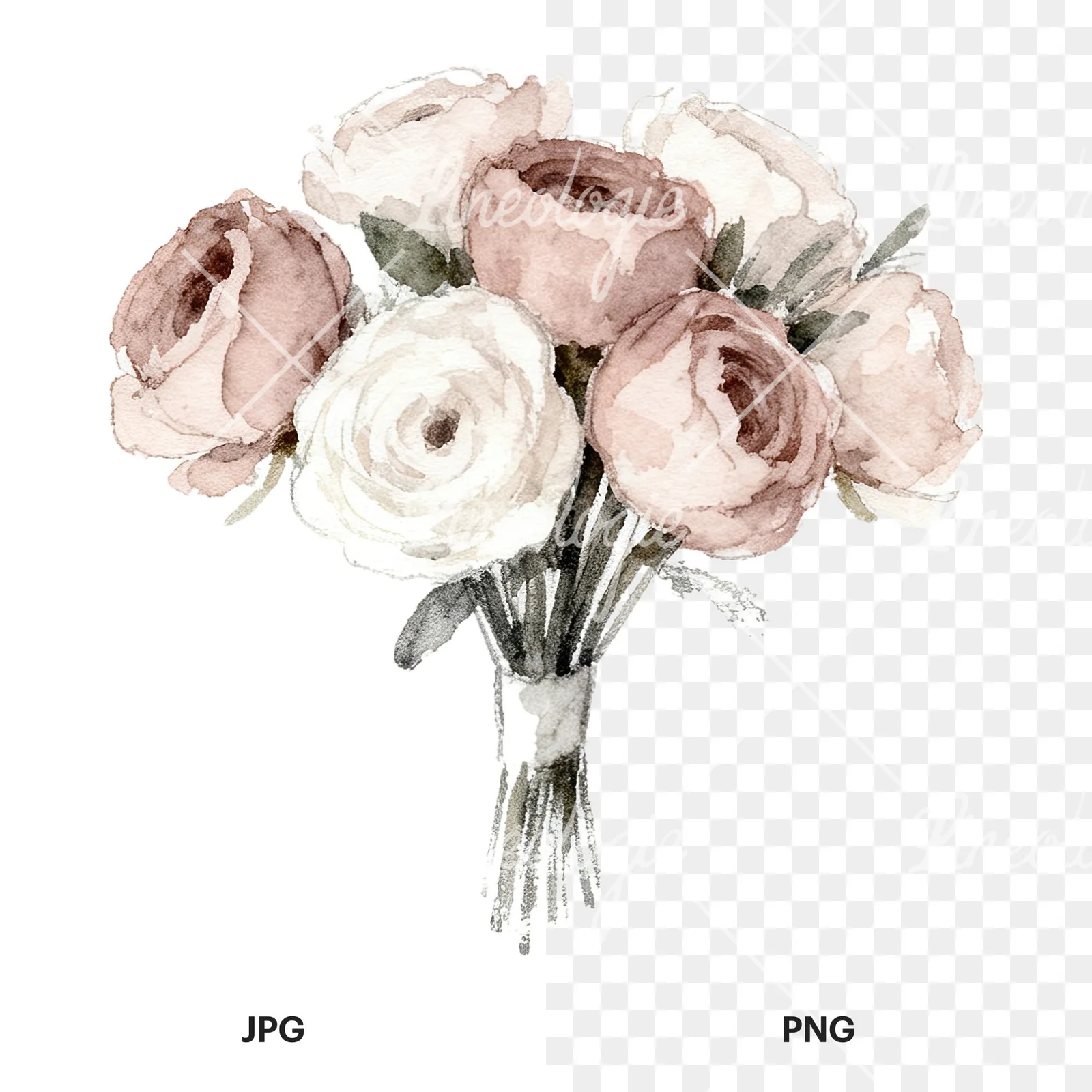 Watercolor white and pink wedding bouquet clipart 5 of 12, as a JPG on white and a transparent PNG