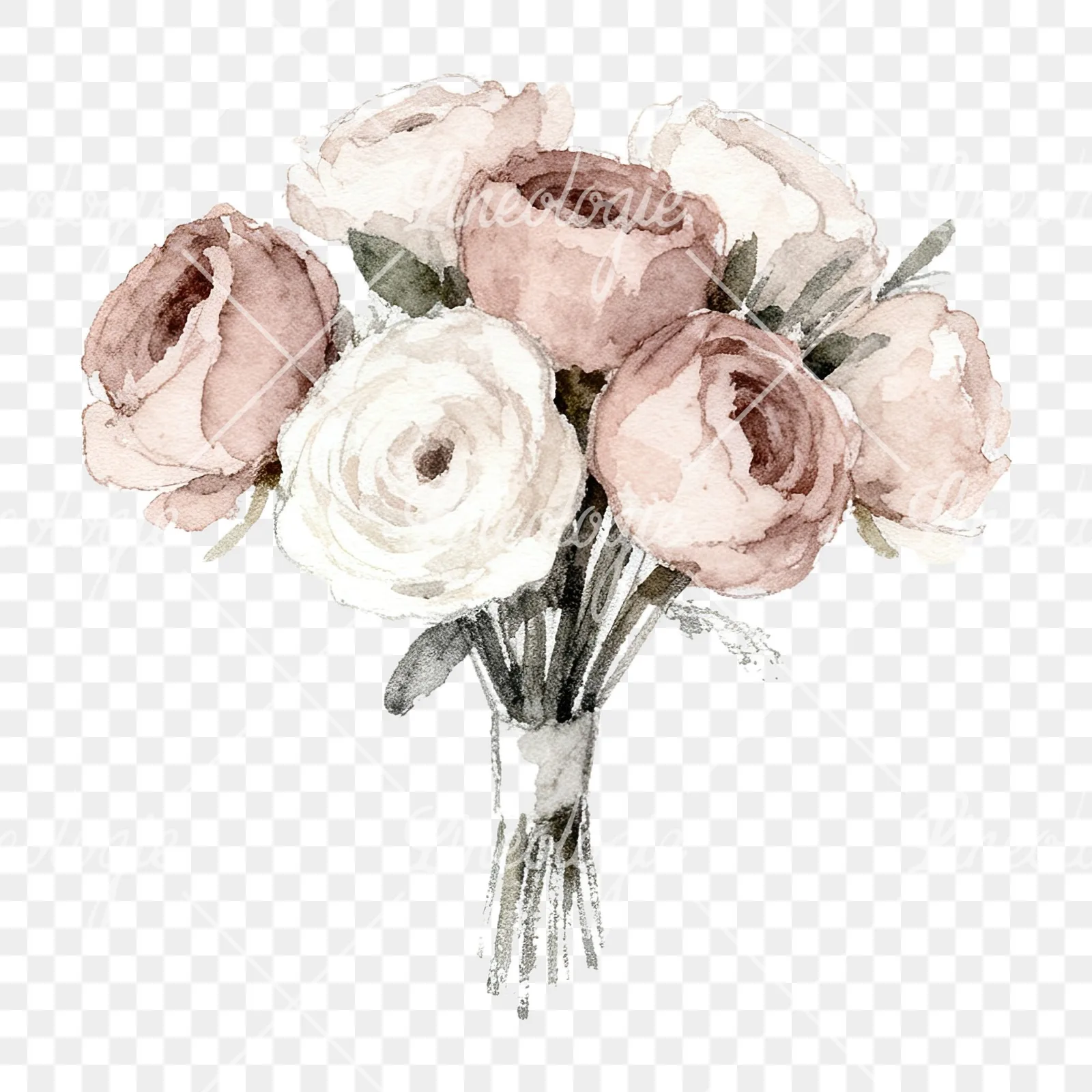 Watercolor white and pink wedding bouquet clipart 5 of 12 on a transparent background (PNG)