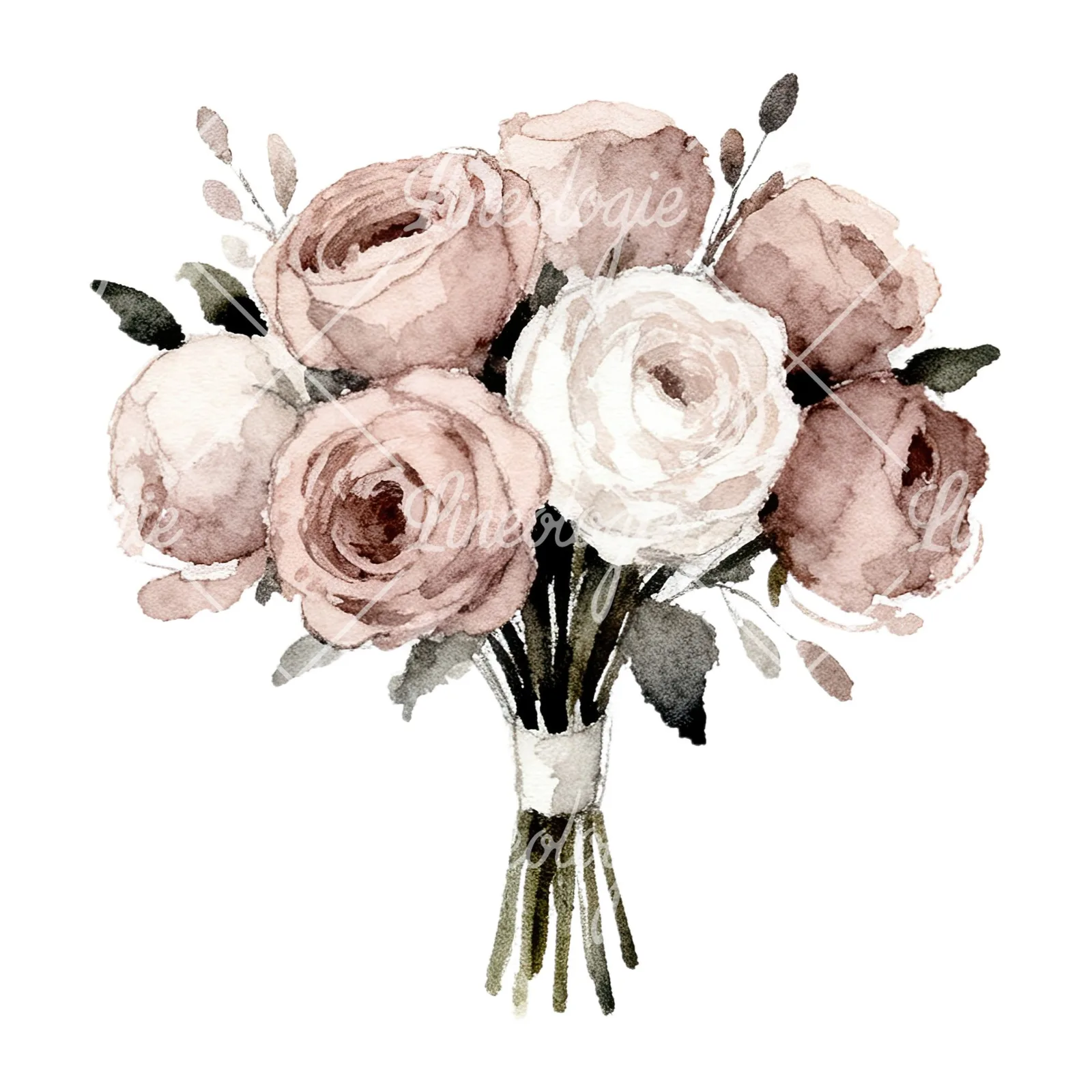 Watercolor white and pink wedding bouquet clipart 6 of 12 on a white background (JPG)