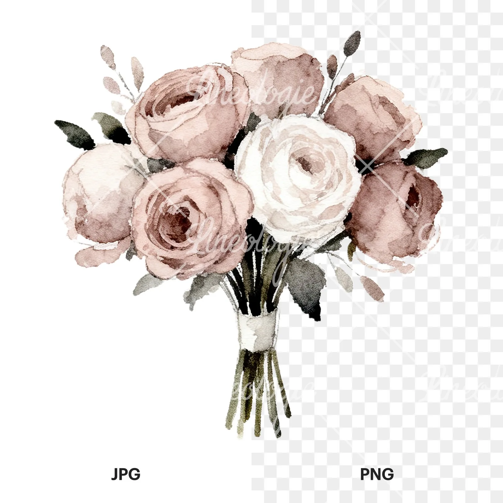 Watercolor white and pink wedding bouquet clipart 6 of 12, as a JPG on white and a transparent PNG
