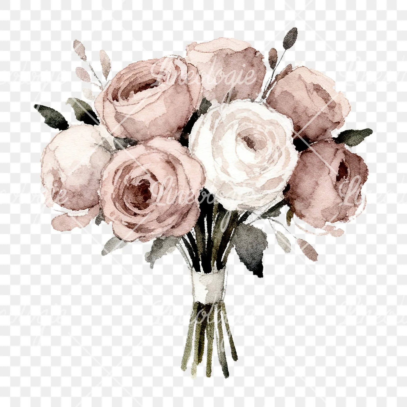 Watercolor white and pink wedding bouquet clipart 6 of 12 on a transparent background (PNG)