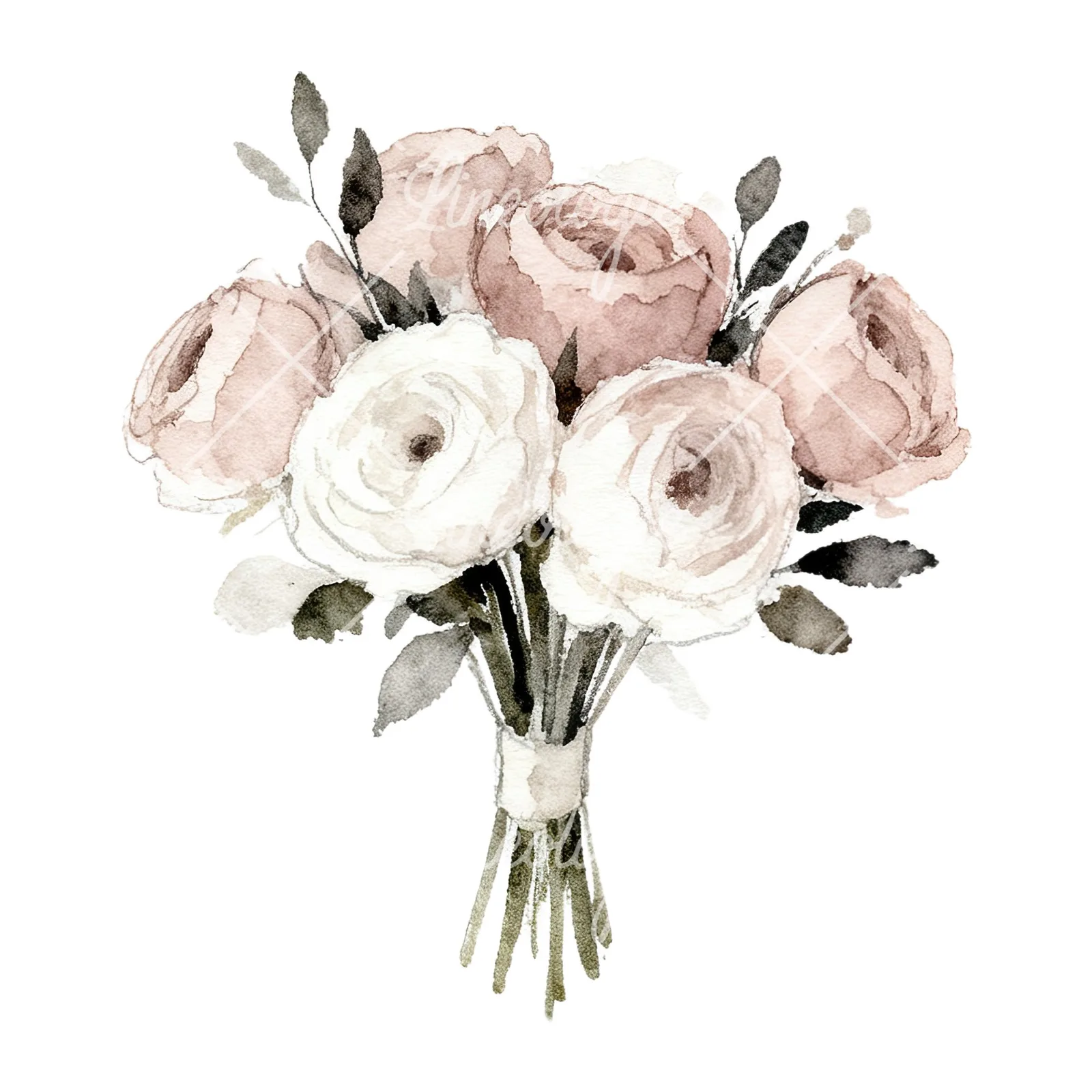 Watercolor white and pink wedding bouquet clipart 7 of 12 on a white background (JPG)