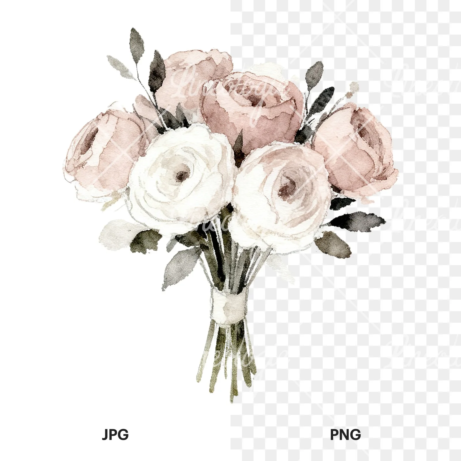 Watercolor white and pink wedding bouquet clipart 7 of 12, as a JPG on white and a transparent PNG