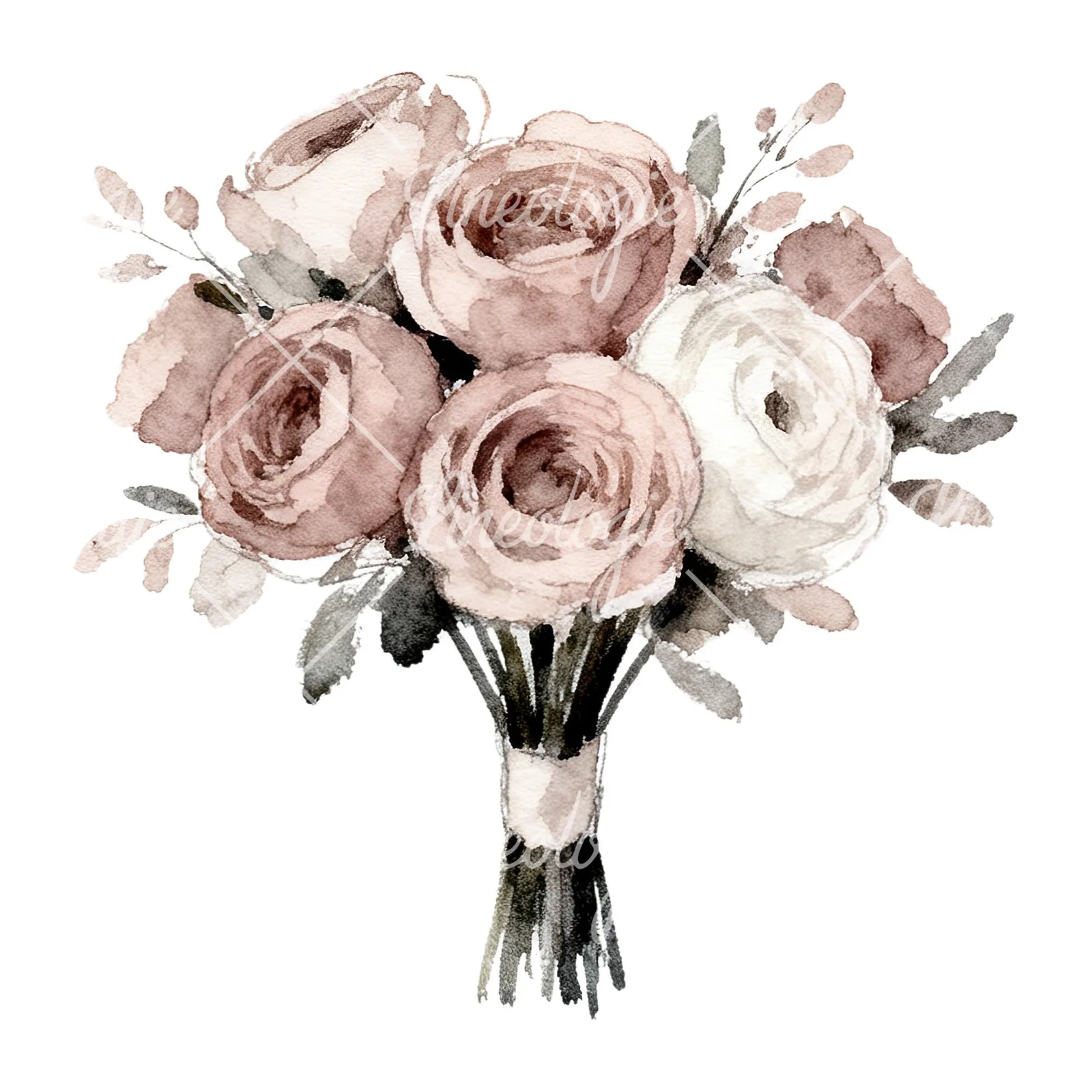 Watercolor white and pink wedding bouquet clipart 8 of 12 on a white background (JPG)