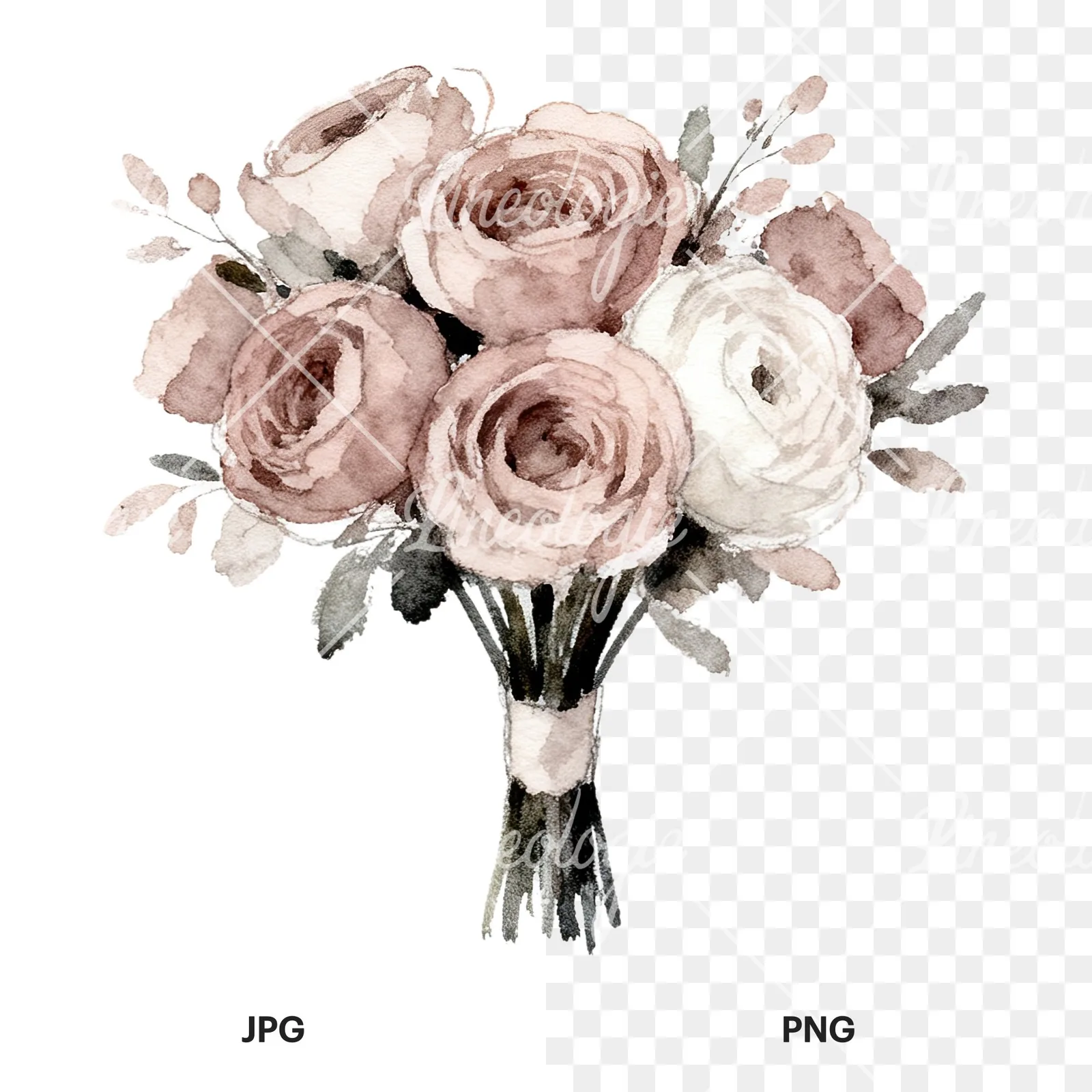 Watercolor white and pink wedding bouquet clipart 8 of 12, as a JPG on white and a transparent PNG