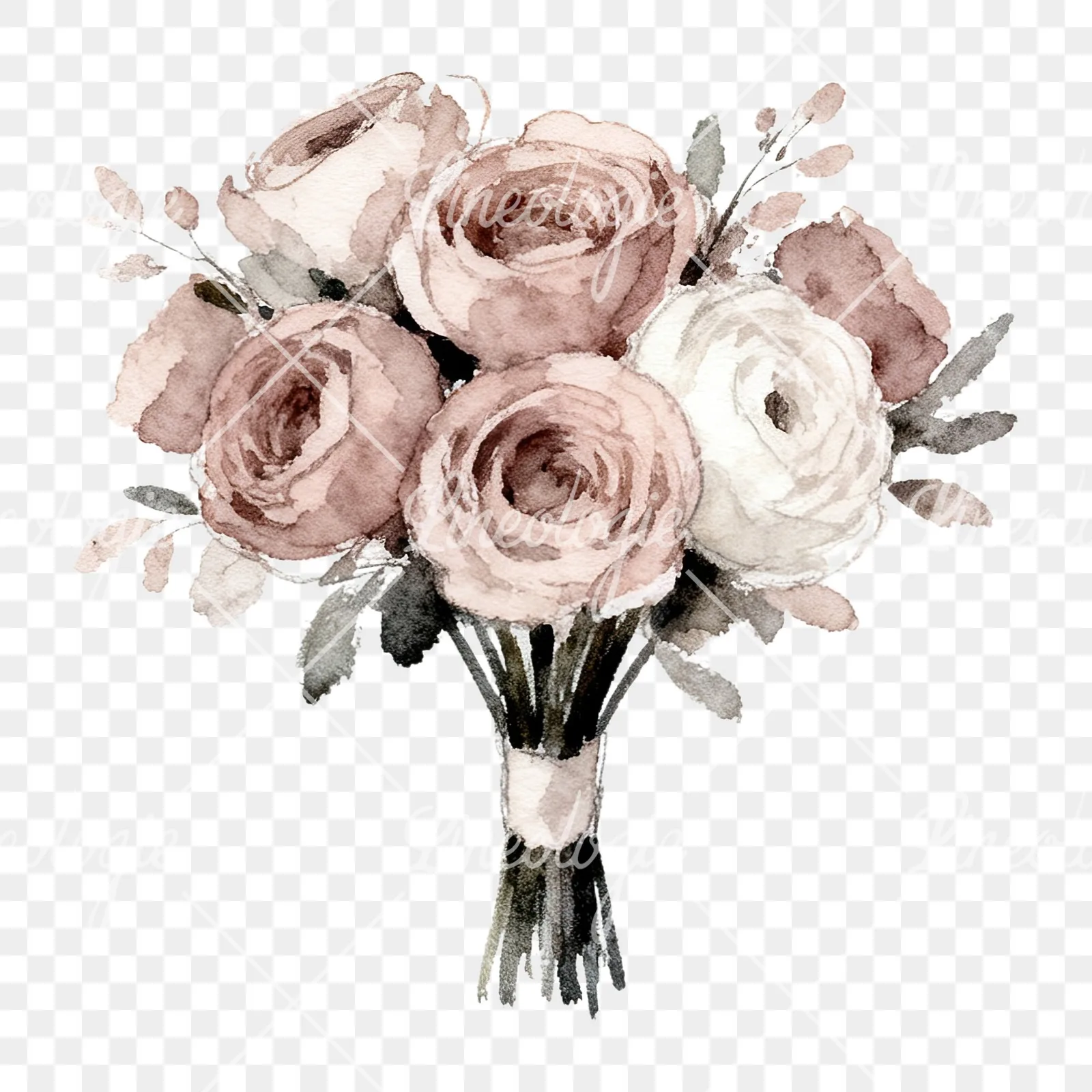 Watercolor white and pink wedding bouquet clipart 8 of 12 on a transparent background (PNG)