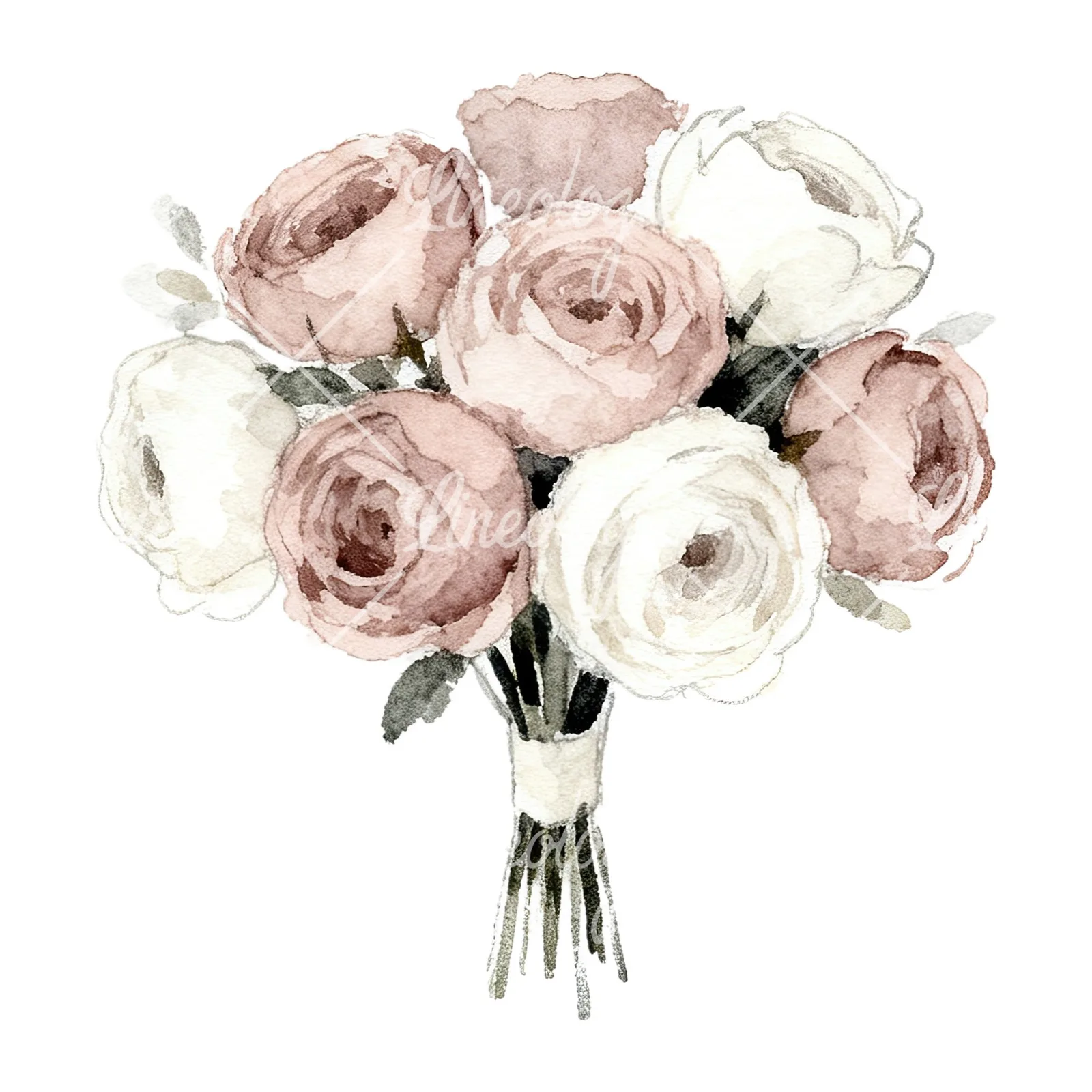 Watercolor white and pink wedding bouquet clipart 9 of 12 on a white background (JPG)