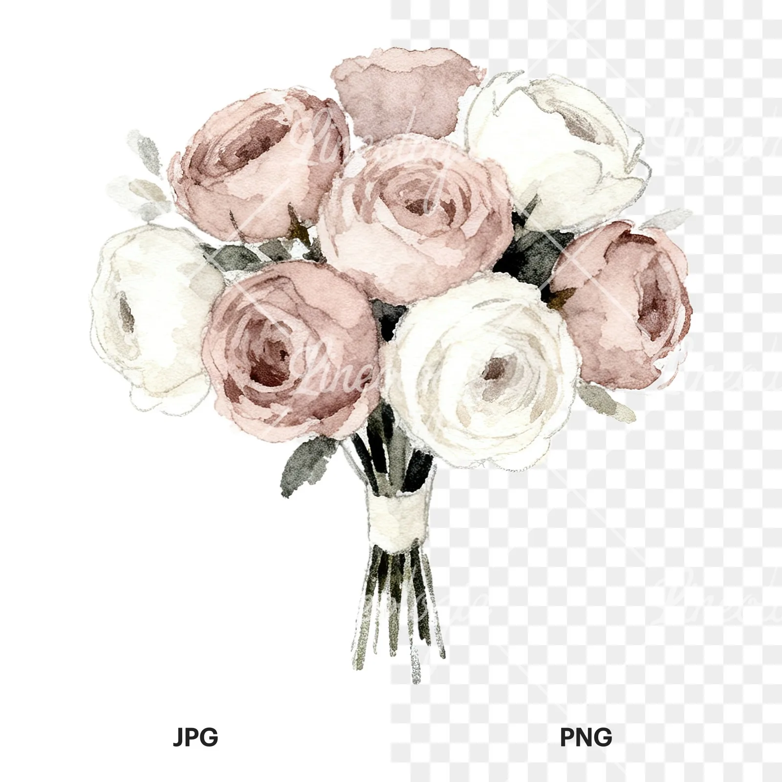 Watercolor white and pink wedding bouquet clipart 9 of 12, as a JPG on white and a transparent PNG