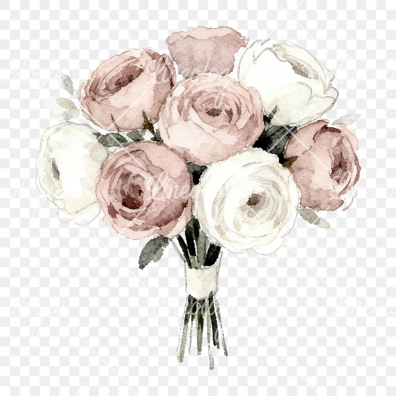 Watercolor white and pink wedding bouquet clipart 9 of 12 on a transparent background (PNG)