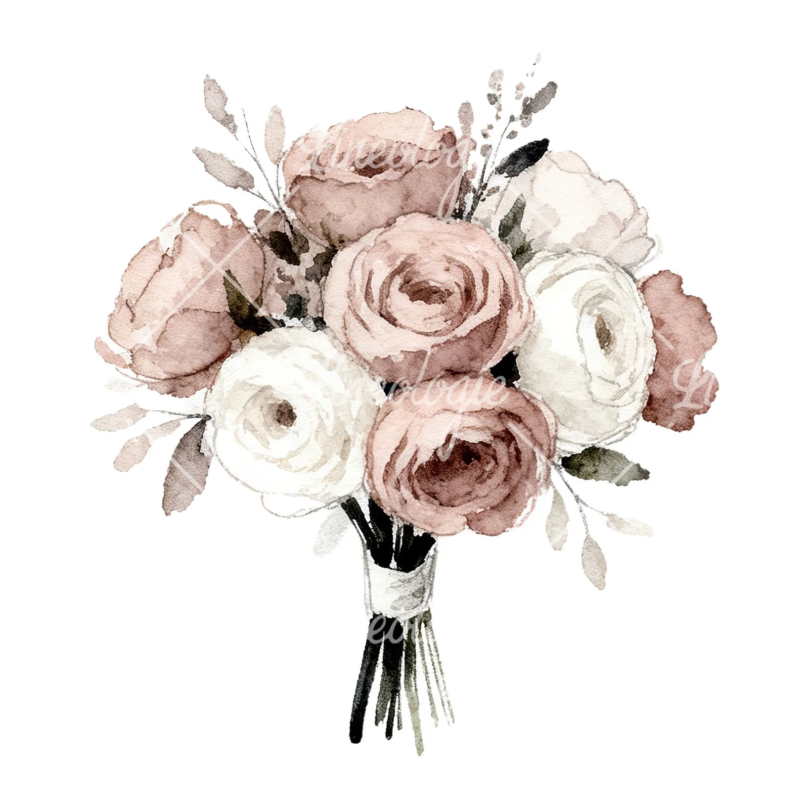 Watercolor white and pink wedding bouquet clipart 10 of 12 on a white background (JPG)