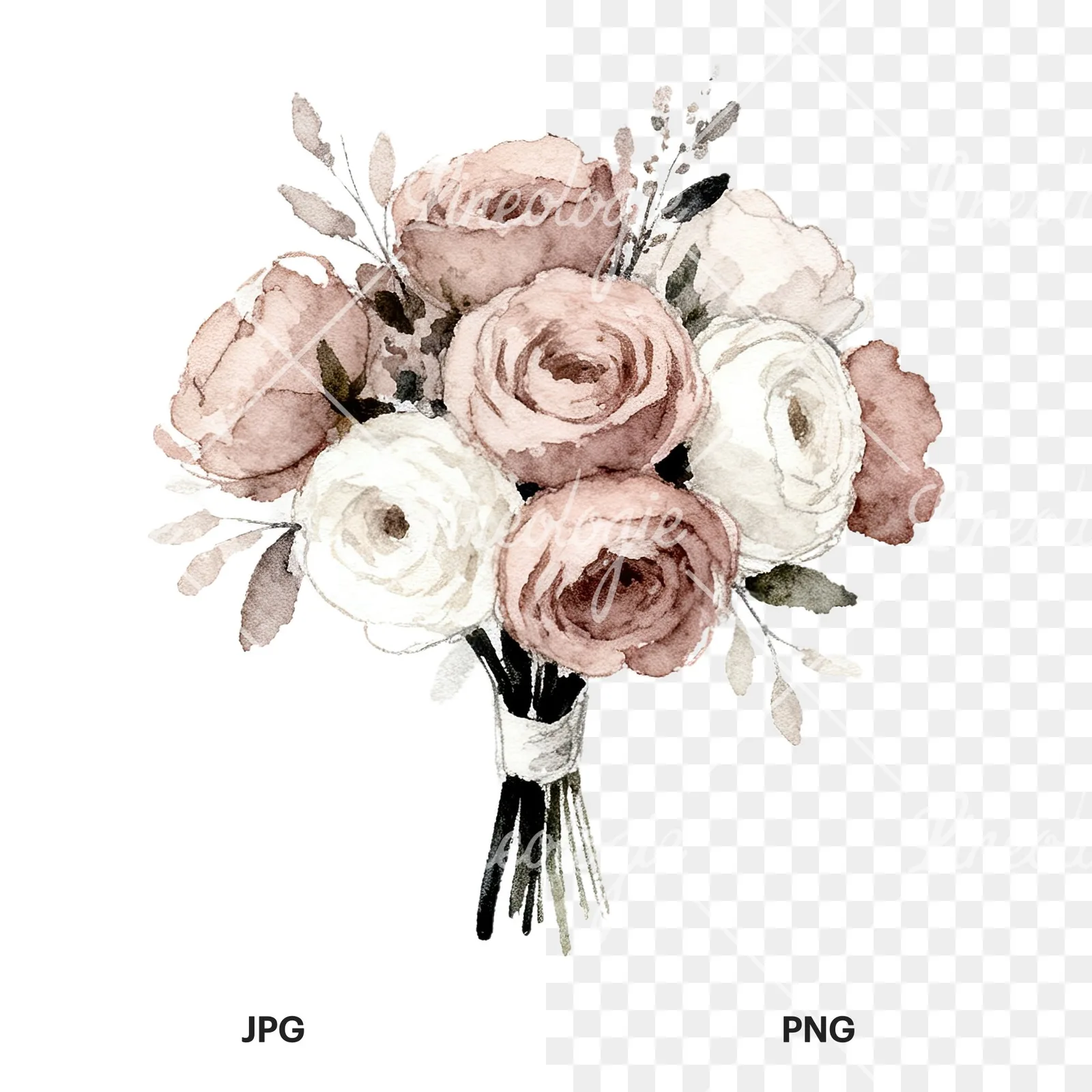 Watercolor white and pink wedding bouquet clipart 10 of 12, as a JPG on white and a transparent PNG