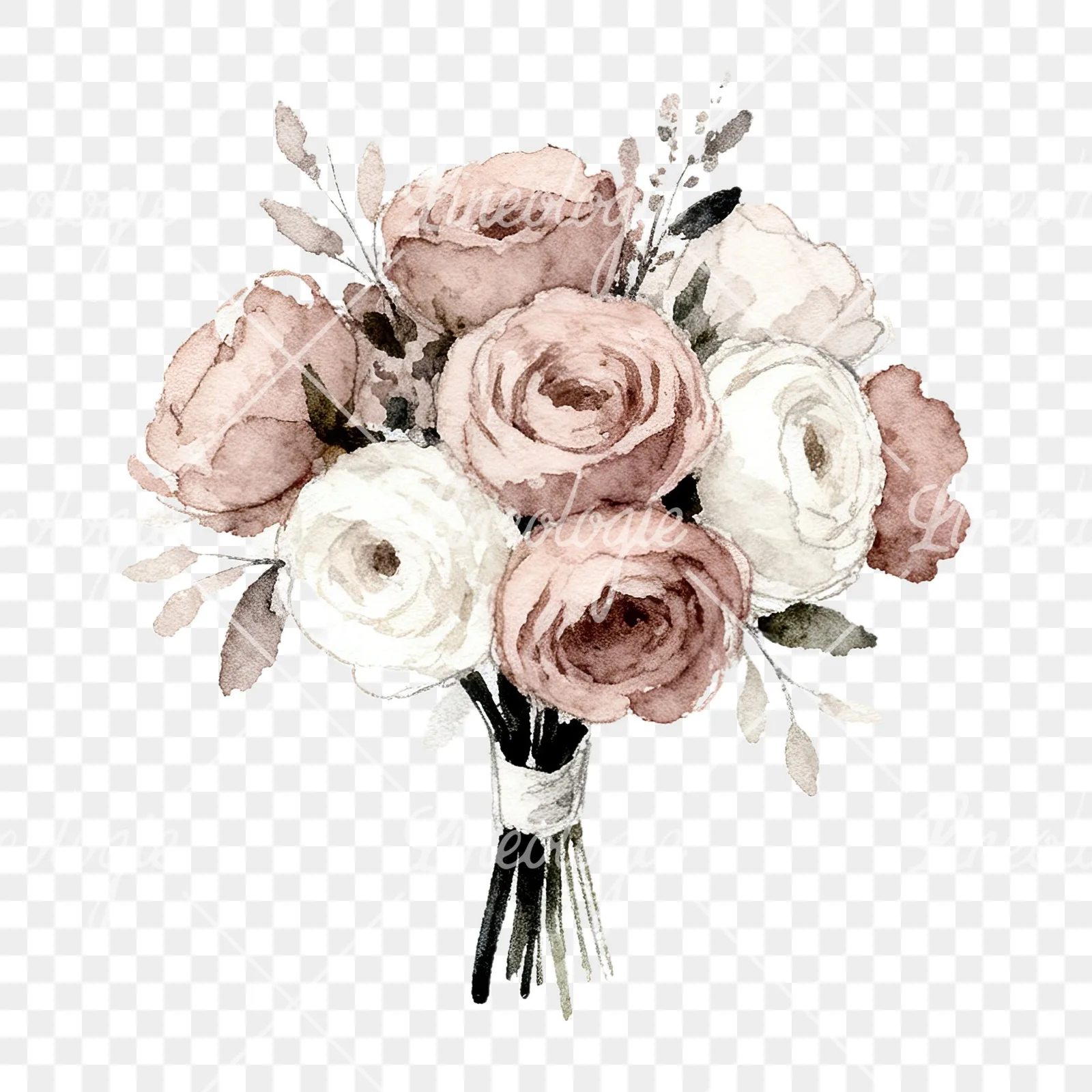 Watercolor white and pink wedding bouquet clipart 10 of 12 on a transparent background (PNG)