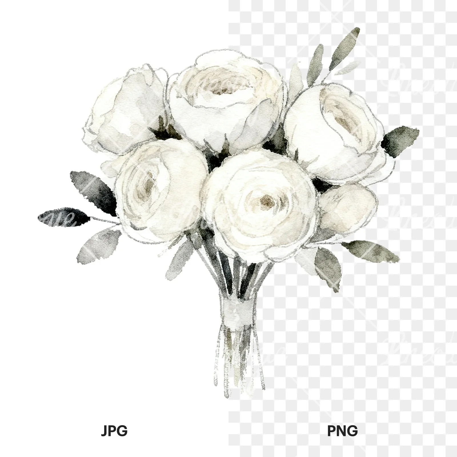Watercolor white and pink wedding bouquet clipart 11 of 12, as a JPG on white and a transparent PNG