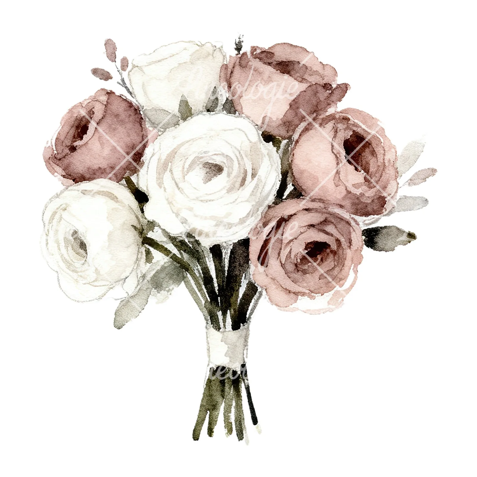 Watercolor white and pink wedding bouquet clipart 12 of 12 on a white background (JPG)