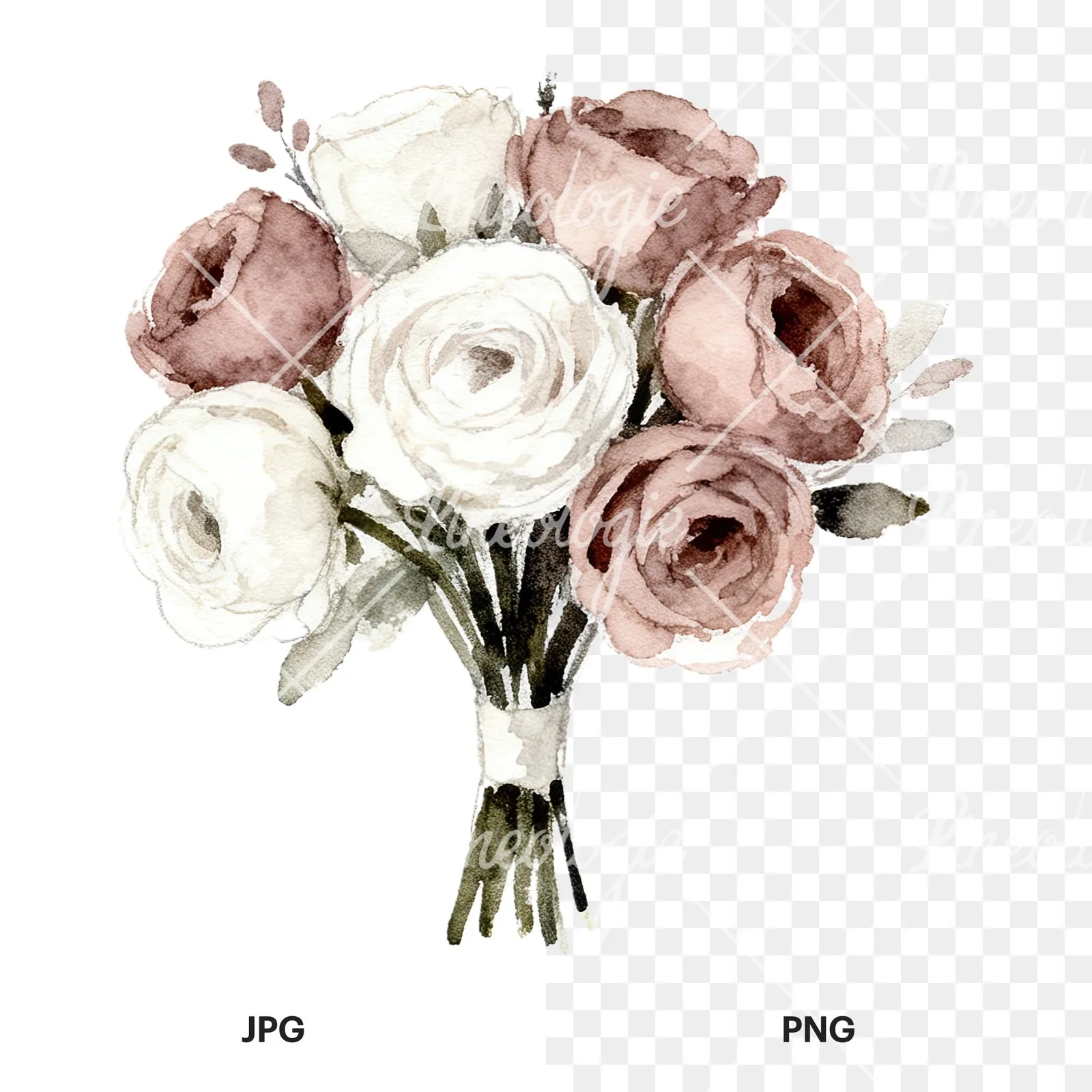 Watercolor white and pink wedding bouquet clipart 12 of 12, as a JPG on white and a transparent PNG