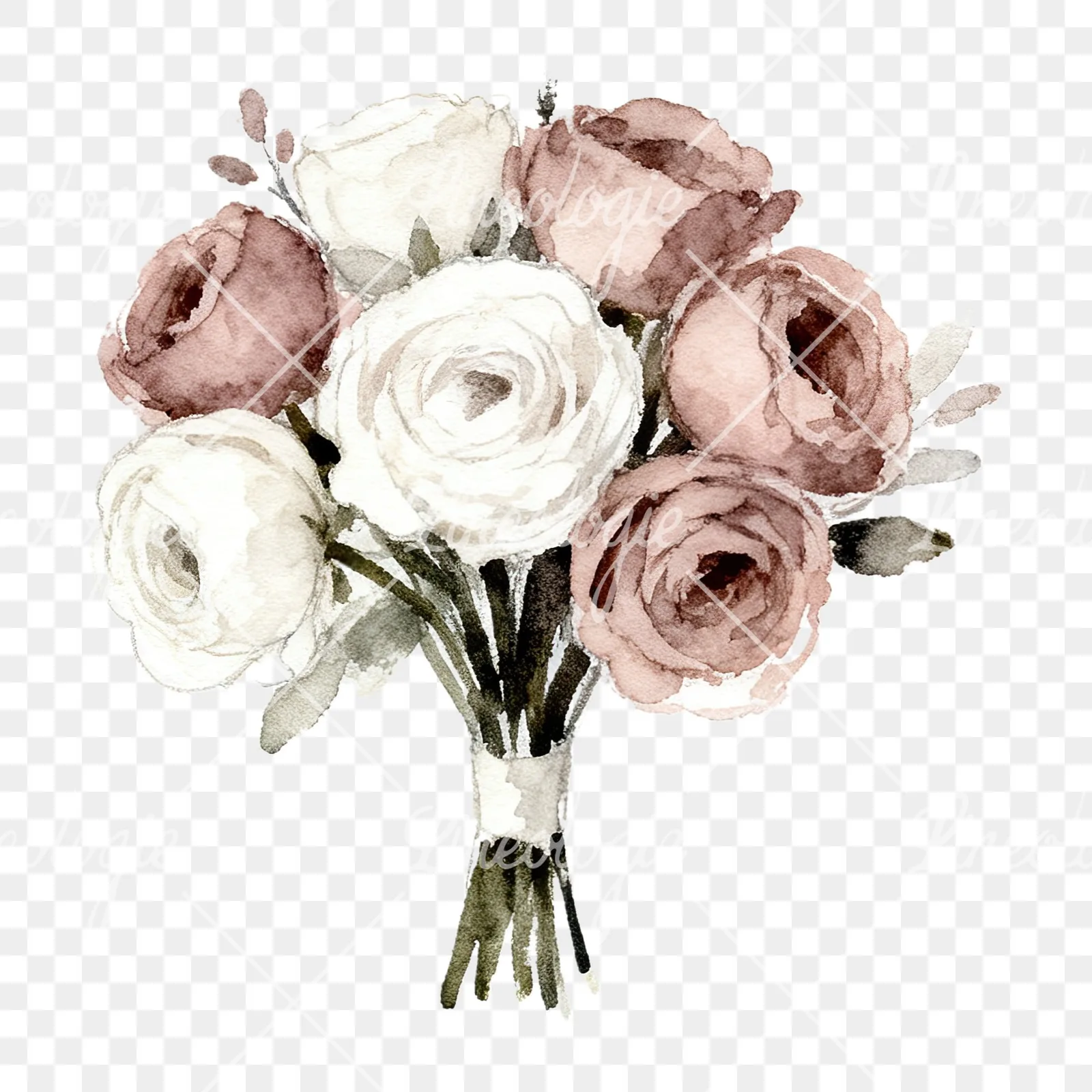 Watercolor white and pink wedding bouquet clipart 12 of 12 on a transparent background (PNG)