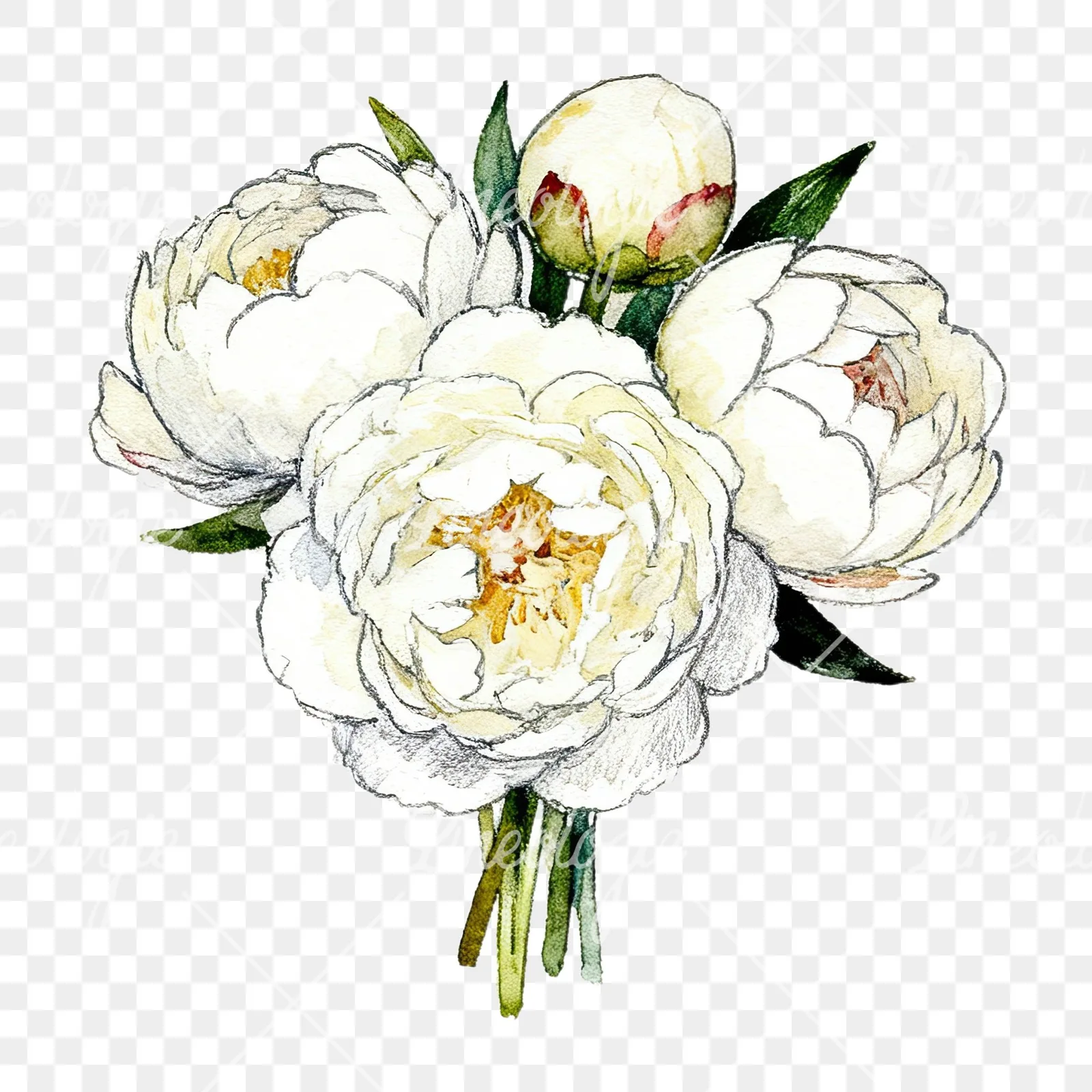 Watercolor white peony bouquet with buds clipart 1 of 12 on a transparent background (PNG)