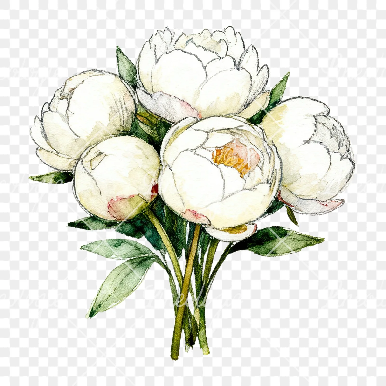 Watercolor white peony bouquet with buds clipart 2 of 12 on a transparent background (PNG)