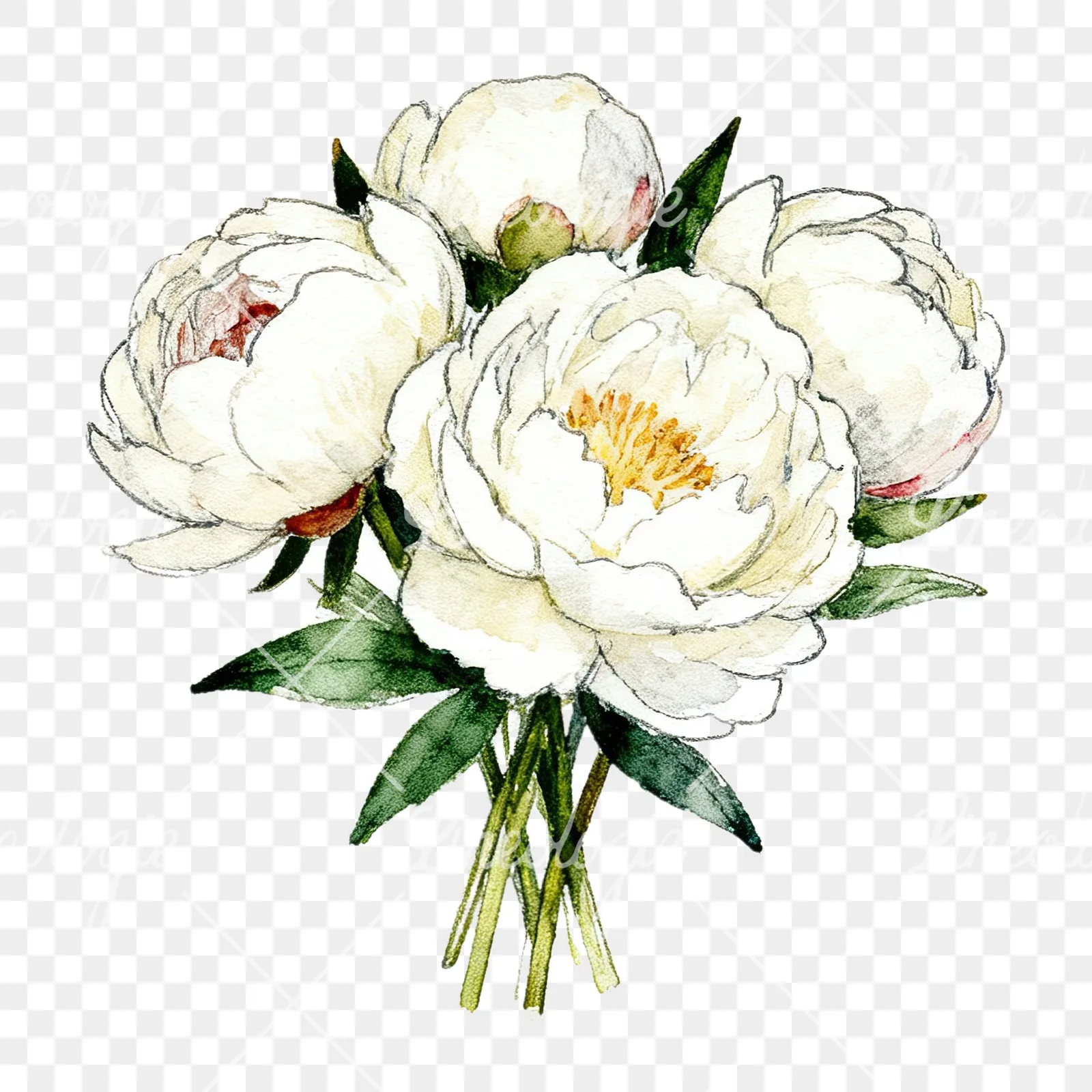 Watercolor white peony bouquet with buds clipart 3 of 12 on a transparent background (PNG)