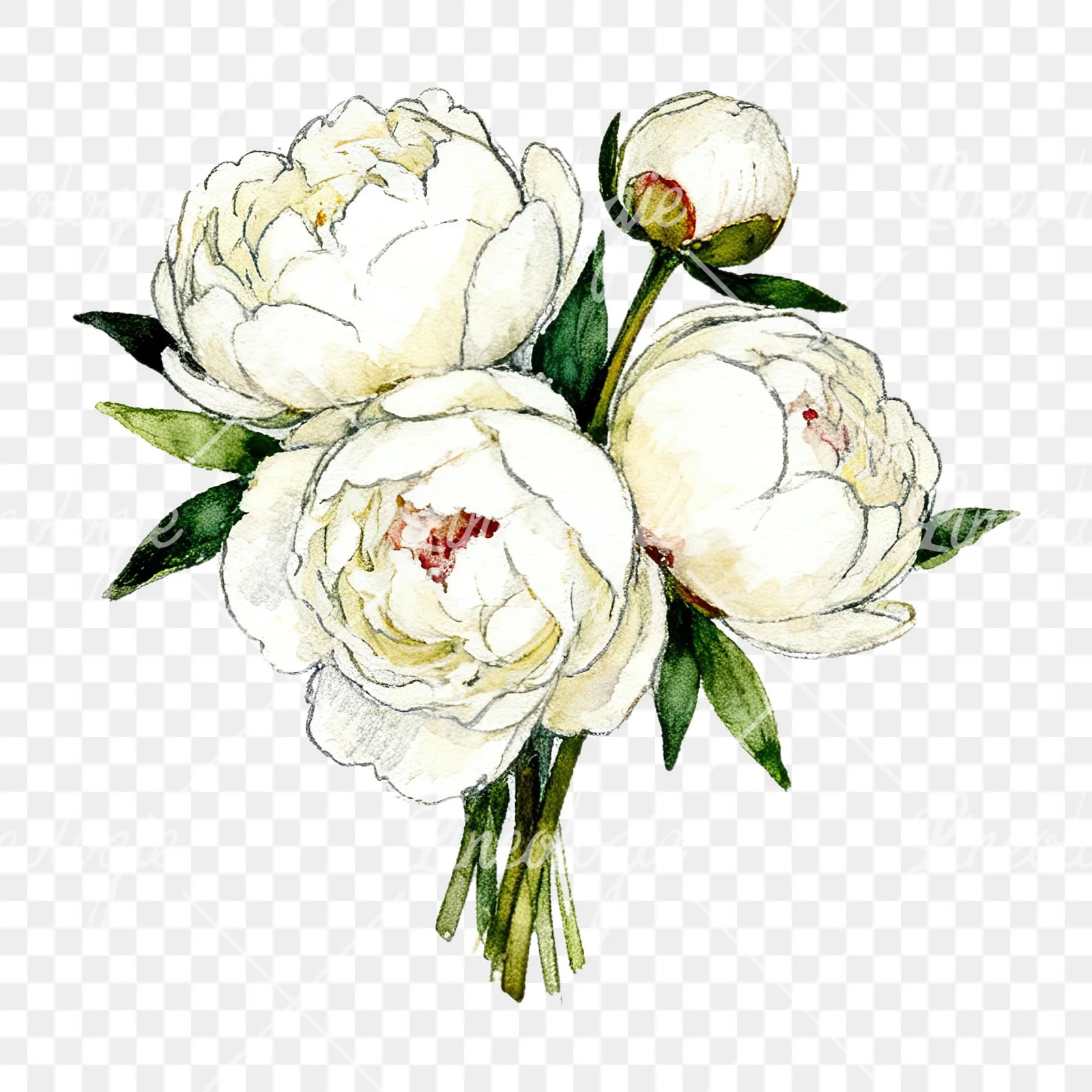 Watercolor white peony bouquet with buds clipart 4 of 12 on a transparent background (PNG)