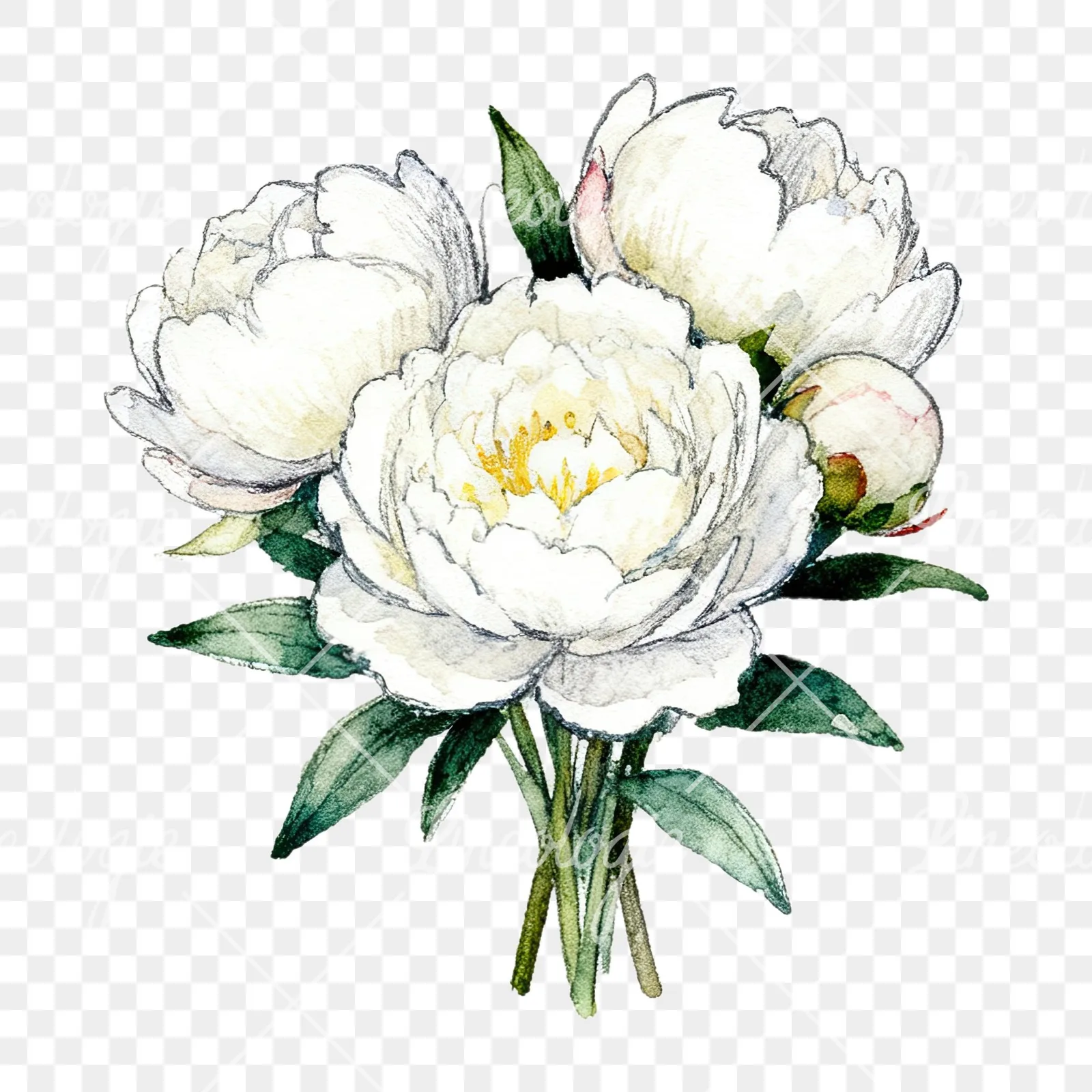 Watercolor white peony bouquet with buds clipart 5 of 12 on a transparent background (PNG)