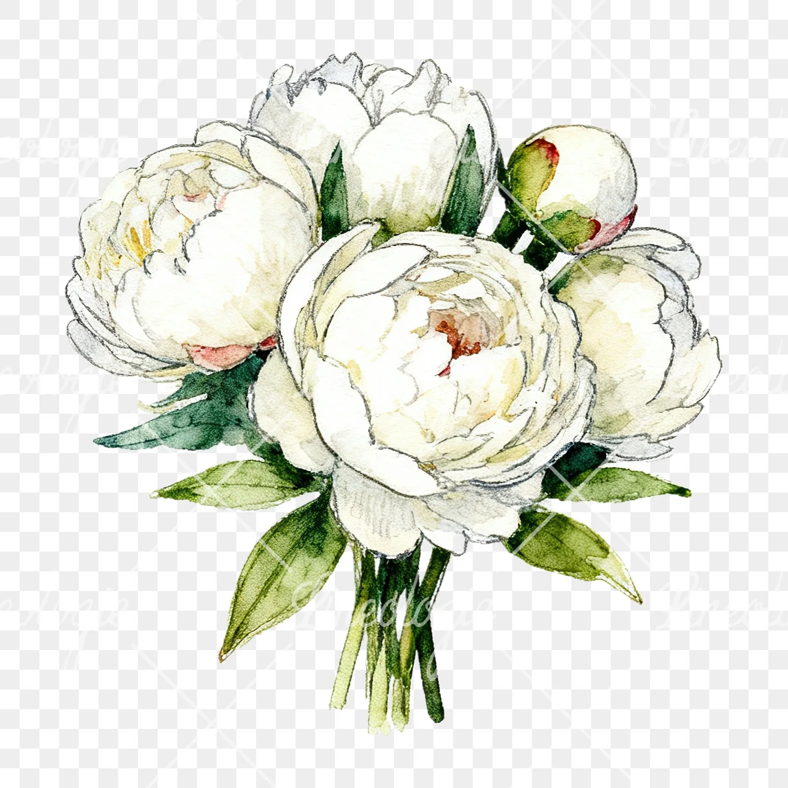 Watercolor white peony bouquet with buds clipart 6 of 12 on a transparent background (PNG)