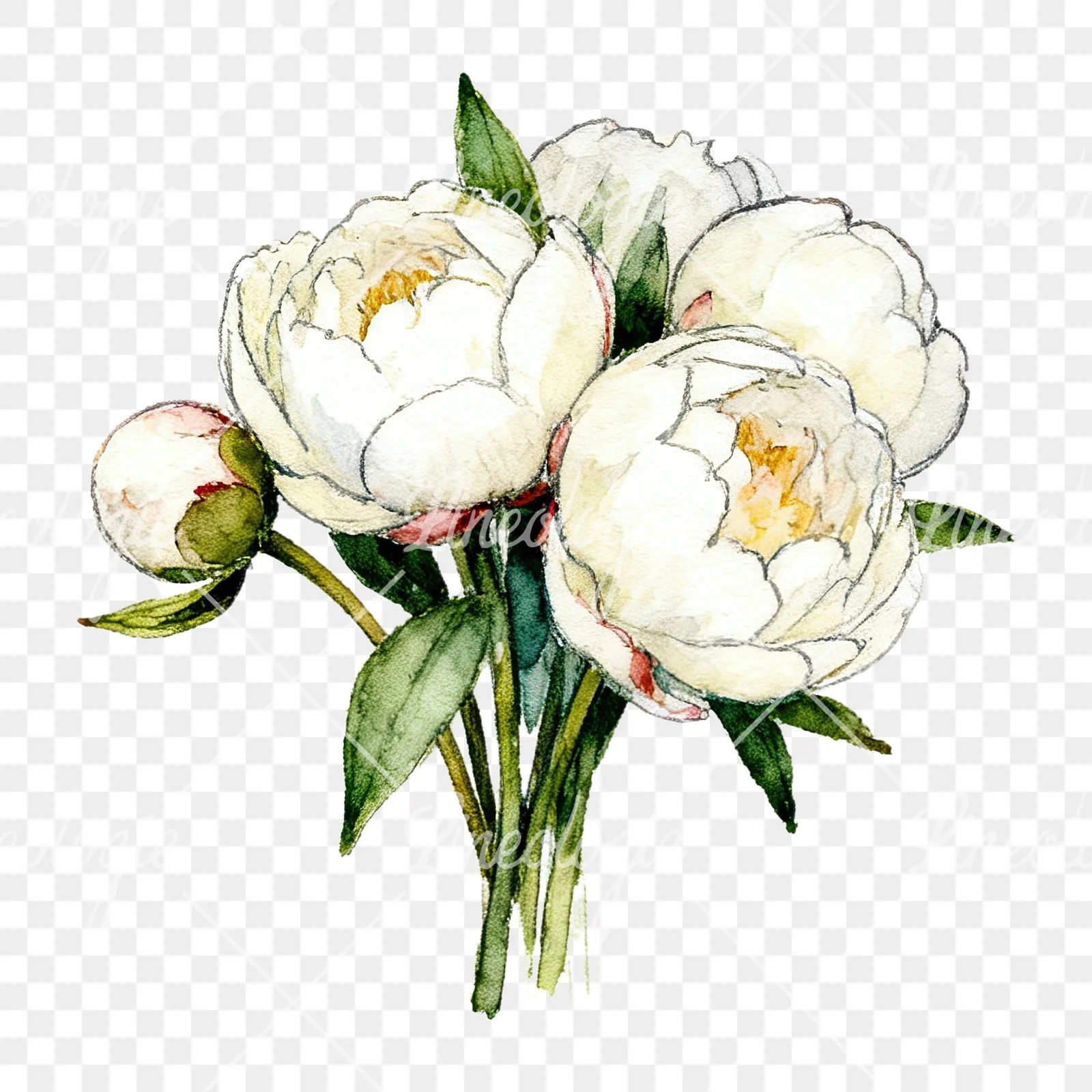 Watercolor white peony bouquet with buds clipart 7 of 12 on a transparent background (PNG)