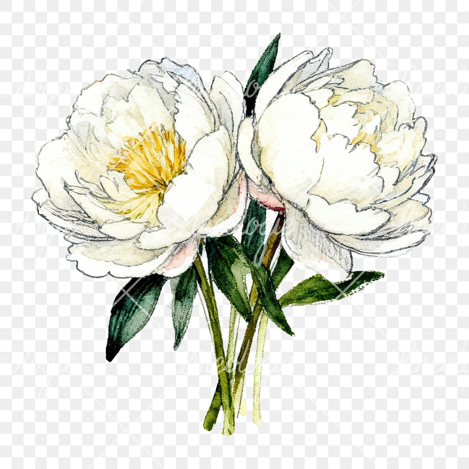 Watercolor white peony bouquet with buds clipart 8 of 12 on a transparent background (PNG)