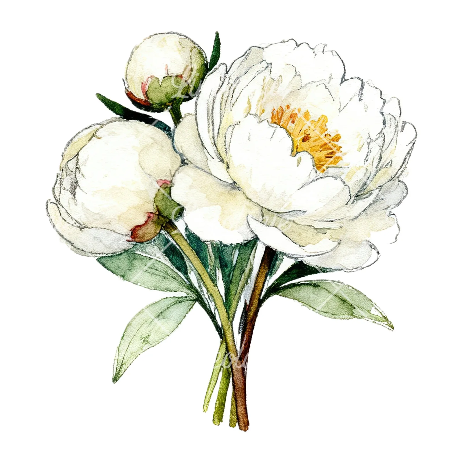 Watercolor white peony bouquet with buds clipart 9 of 12 on a white background (JPG)