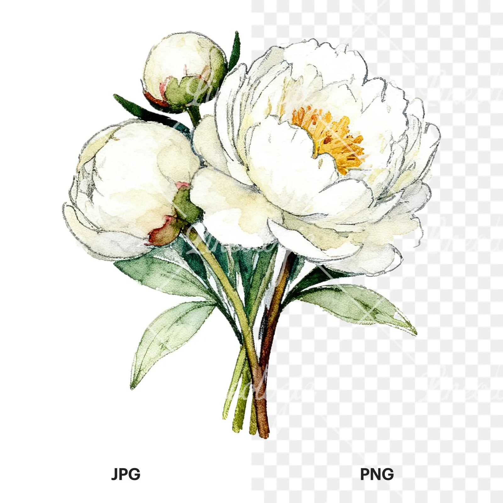 Watercolor white peony bouquet with buds clipart 9 of 12, as a JPG on white and a transparent PNG