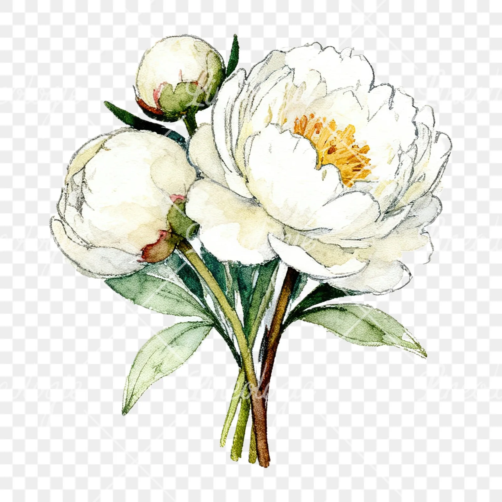 Watercolor white peony bouquet with buds clipart 9 of 12 on a transparent background (PNG)