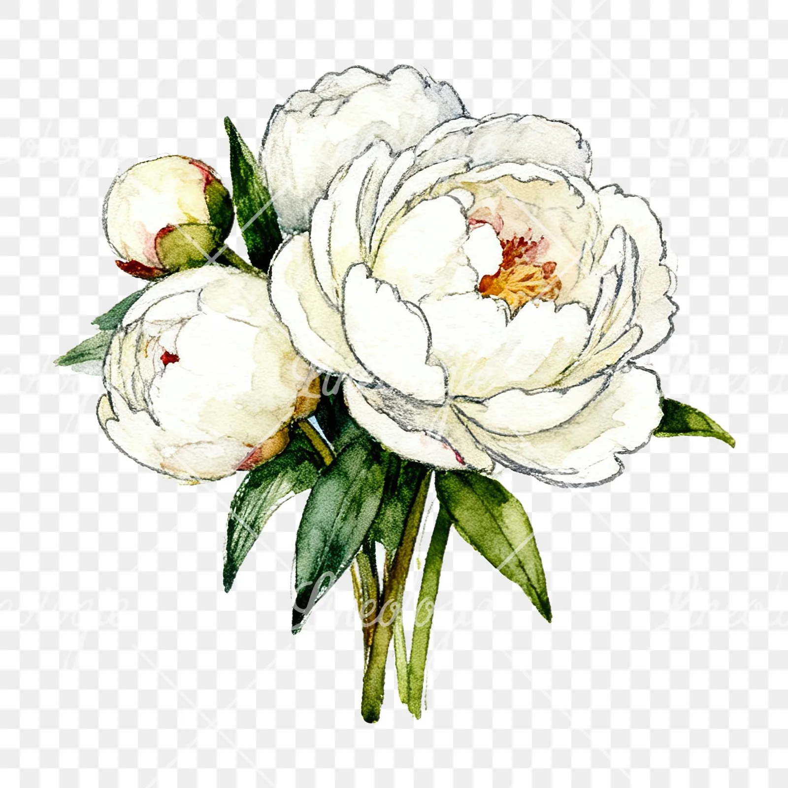 Watercolor white peony bouquet with buds clipart 10 of 12 on a transparent background (PNG)