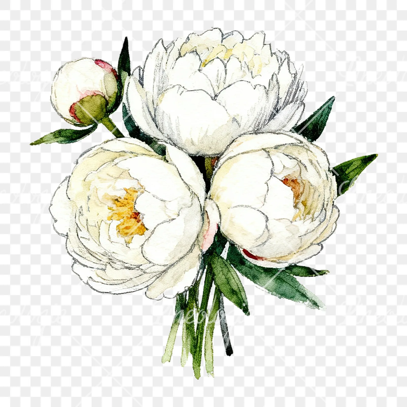 Watercolor white peony bouquet with buds clipart 11 of 12 on a transparent background (PNG)