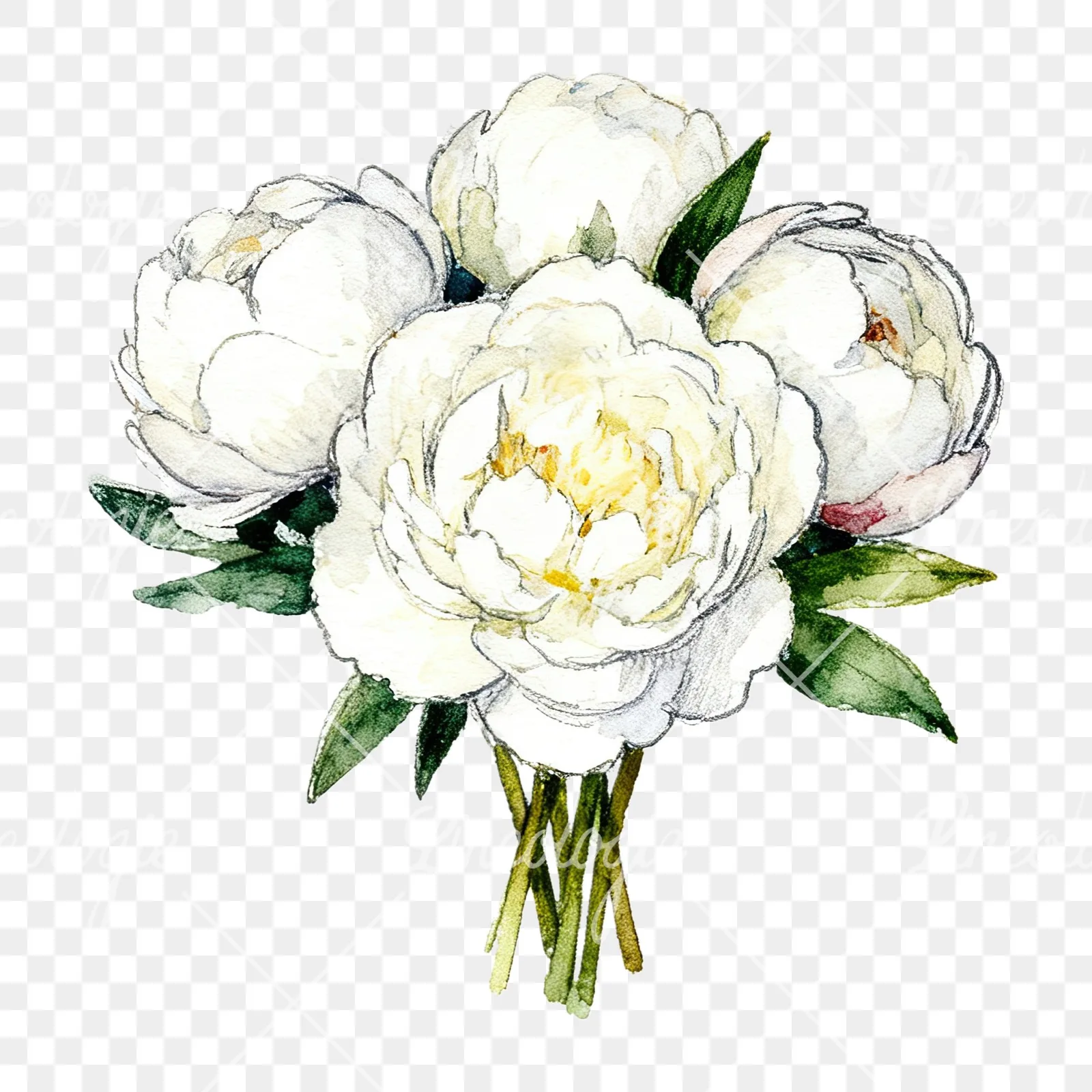 Watercolor white peony bouquet with buds clipart 12 of 12 on a transparent background (PNG)