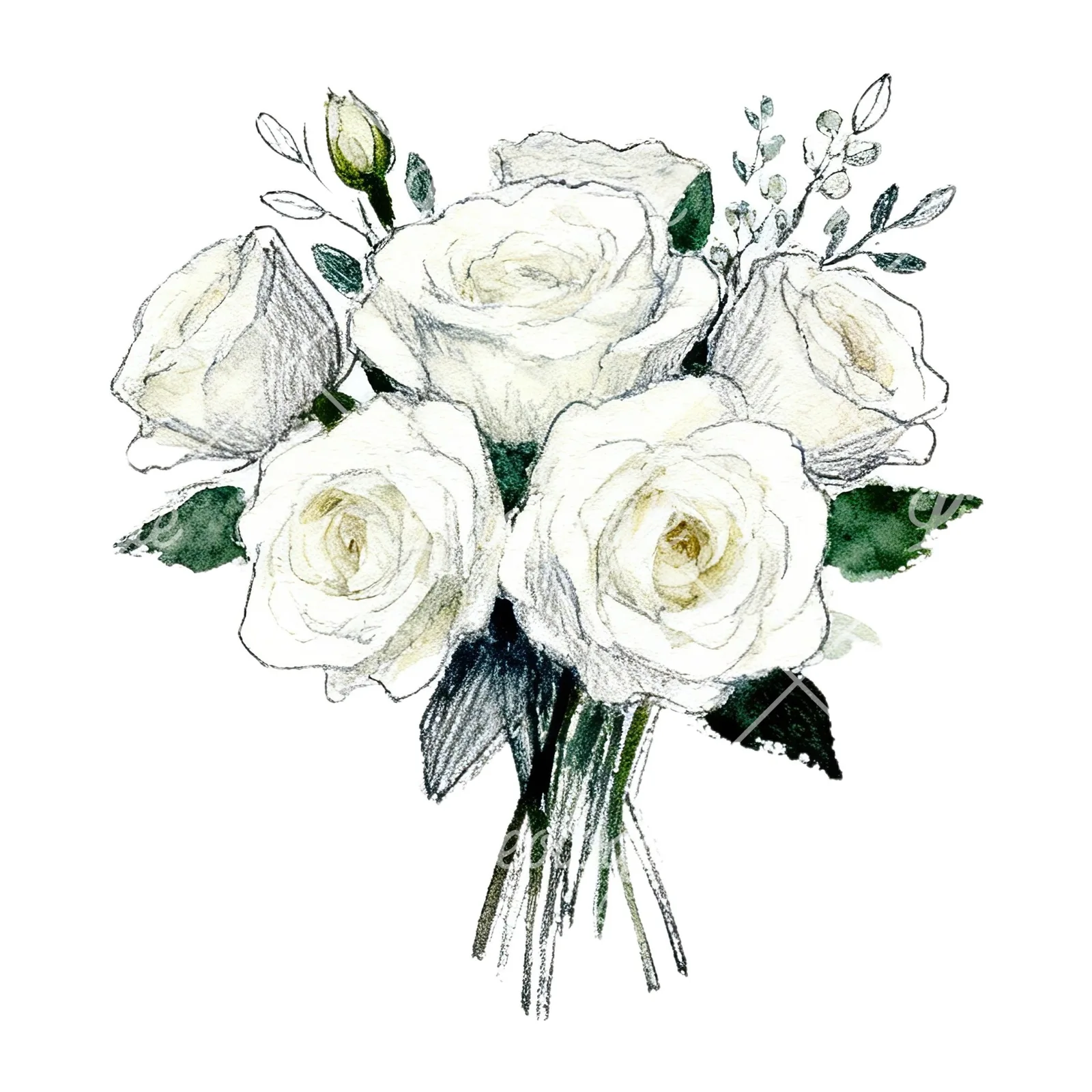 Watercolor white rose bouquet with greenery clipart 1 of 12 on a white background (JPG)