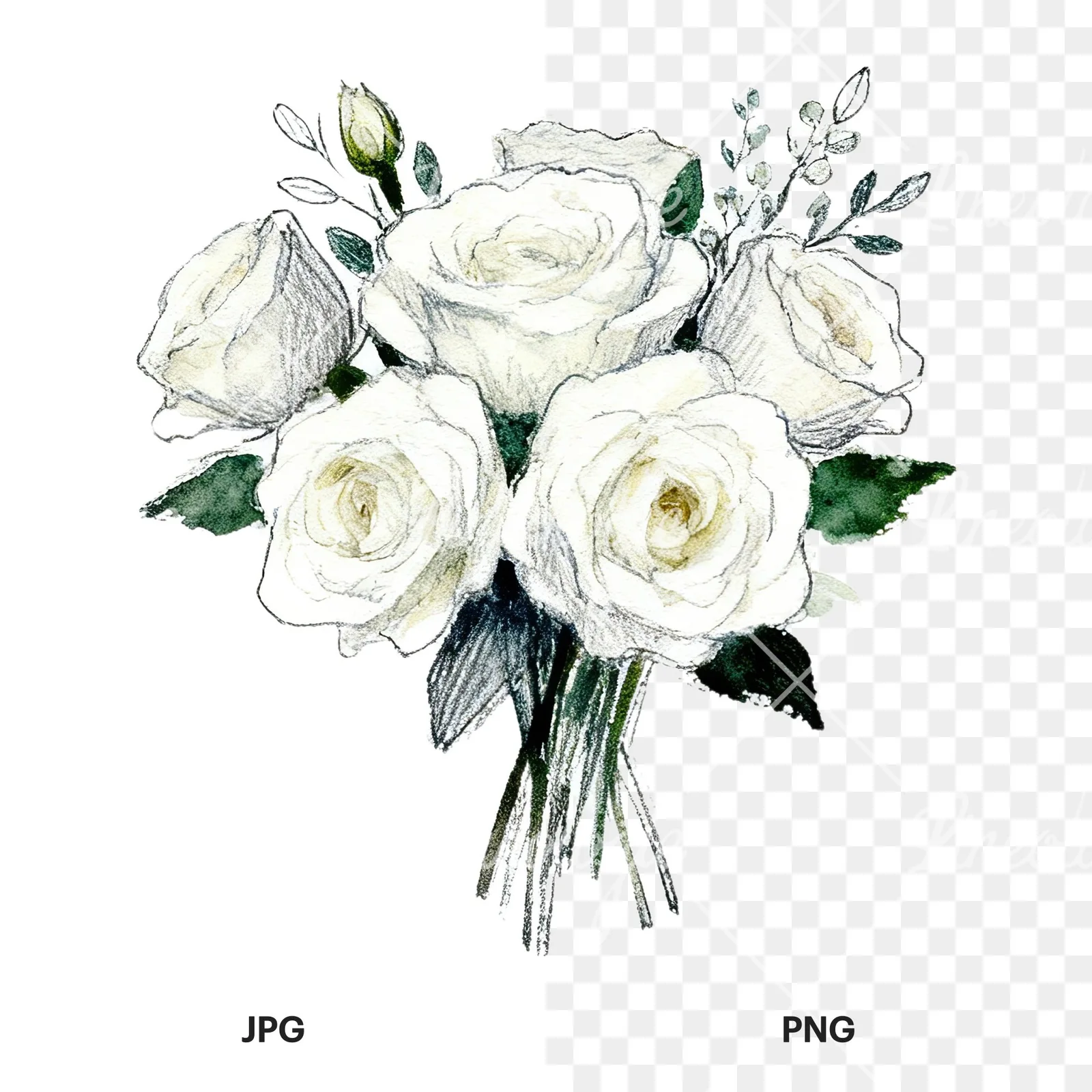 Watercolor white rose bouquet with greenery clipart 1 of 12, as a JPG on white and a transparent PNG